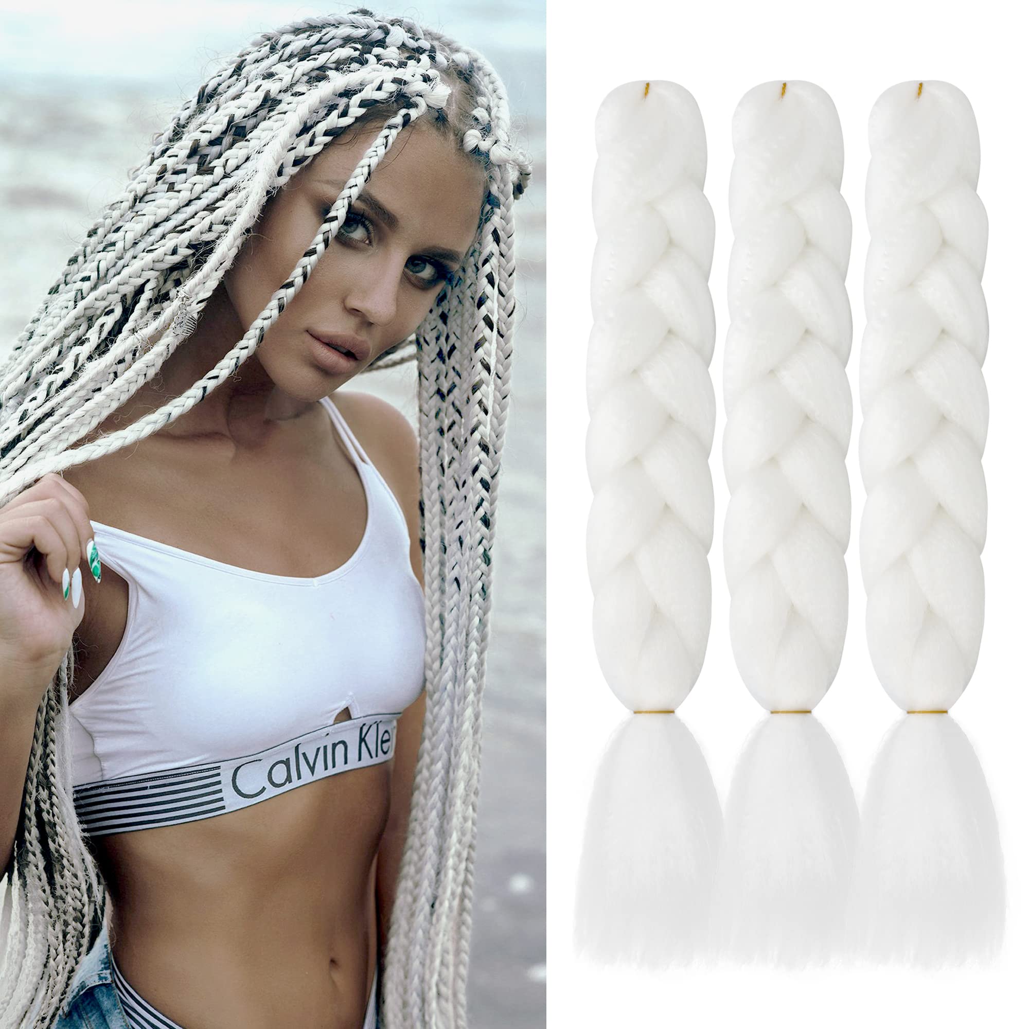 VCKOVCKO Solid White Jumbo Braiding Hair Extension Kanekalon Jumbo Box Braiding Hair Synthetic Kanekalon Fiber for Twist Braidin