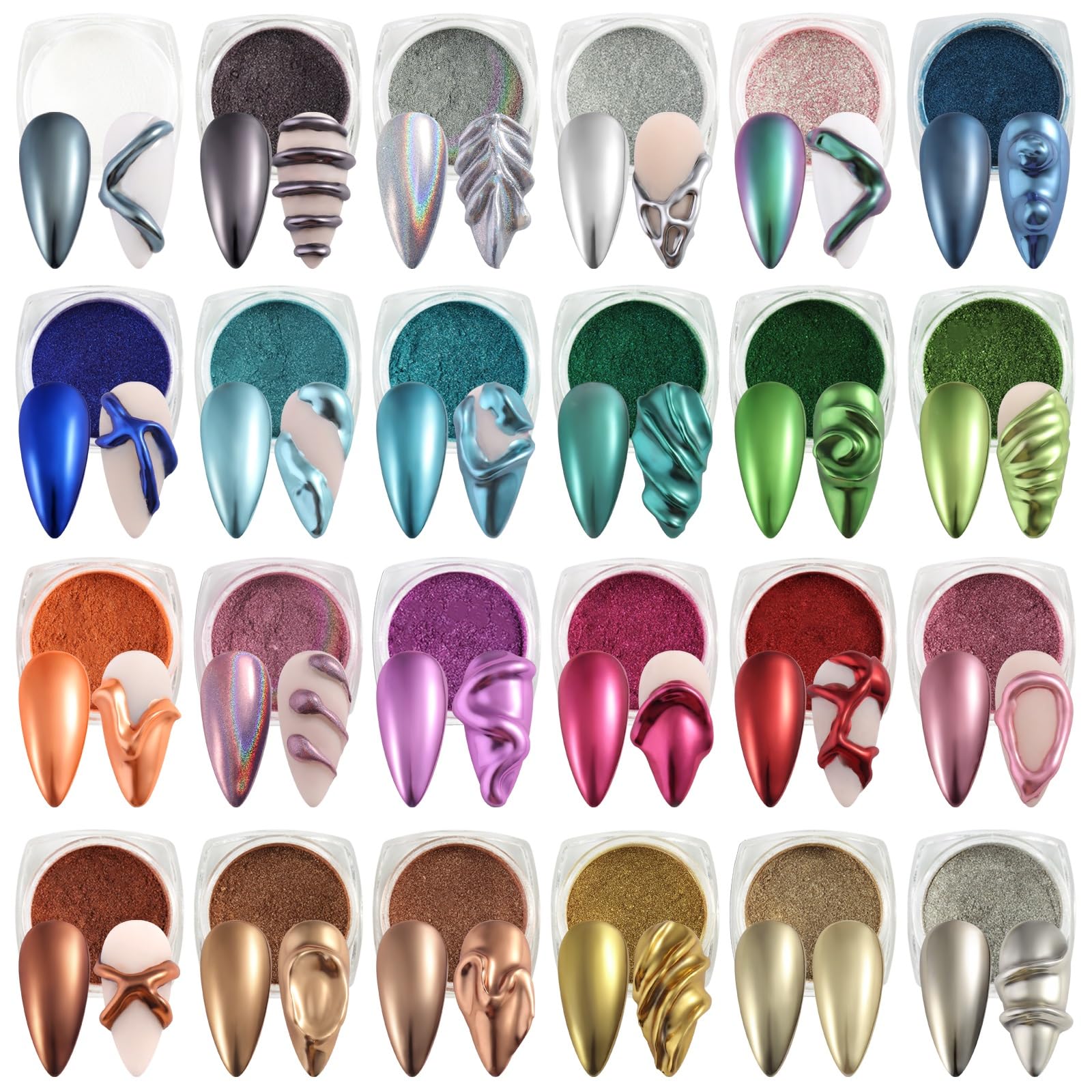 SUTOKAKA 24 Colors Chrome Nail Powder Set Metallic Mirror Effect Holographic Nail Powder Iridescent Aurua Nail Chrome Powder Pig