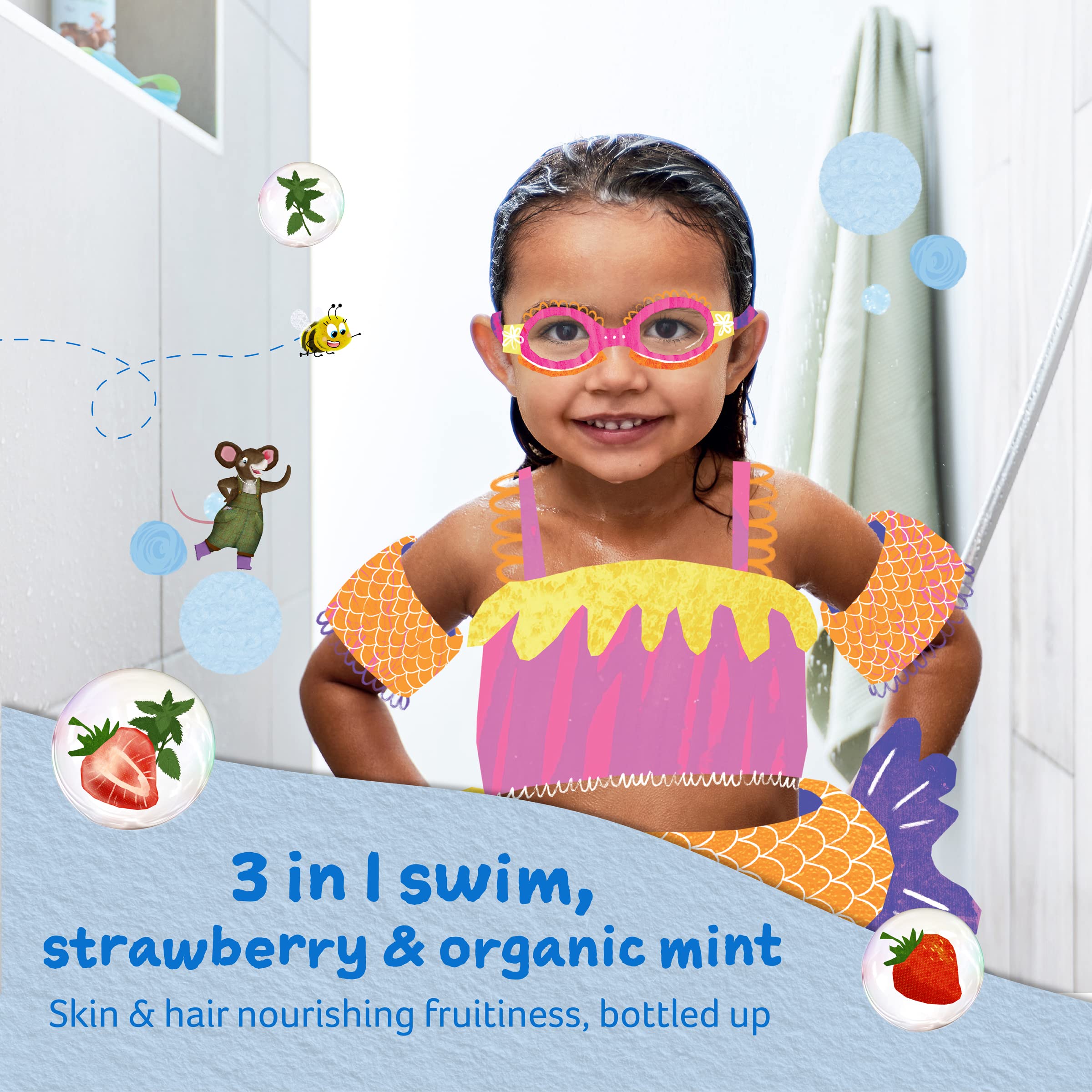 Childs Farm, Kids 3 in 1 Swim, Strawberry and Organic Mint 250 ml, Body Wash, Shampoo and Conditioner, Suitable for Dry, Sensiti