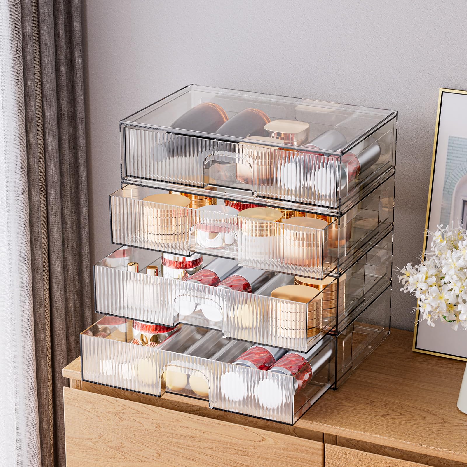 Zhiai Stackable Storage Drawer, 4 Piece Acrylic Organiser For Cosmetics And Beauty Products, Suitable For Dressers, Bathrooms, C