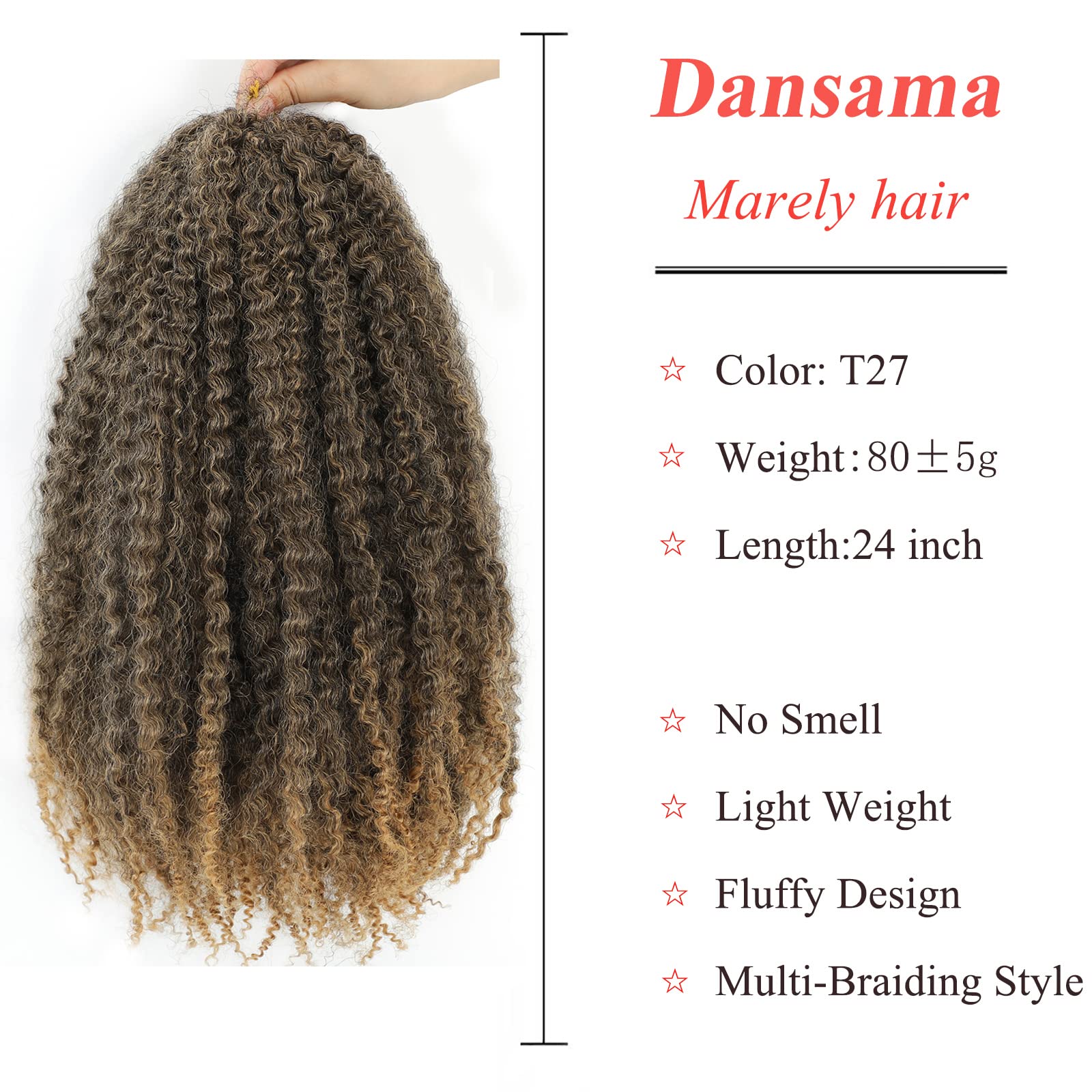 Dansama Marley Twist Braiding Hair, 24 Inch Marley Braiding Hair Twist Hair, Ombre Marley Hair 3 Packs Crochet Twist Curly Hair