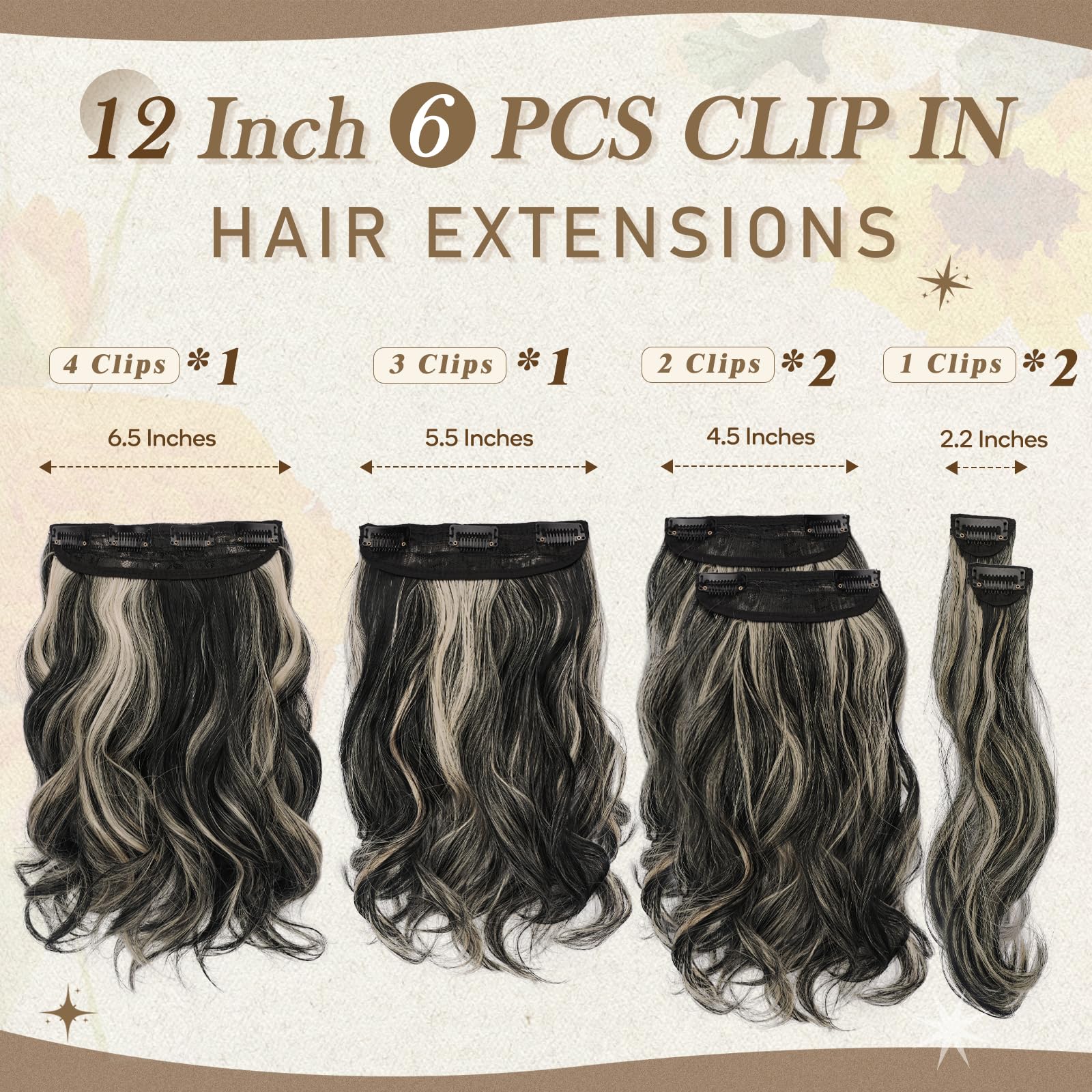 Barsdar Wavy Clip In Hair Extensions - 12 Inch Highlight Clip In Hair Extensions For Women - 6Pcs Thick Soft Synthetic Clip In H