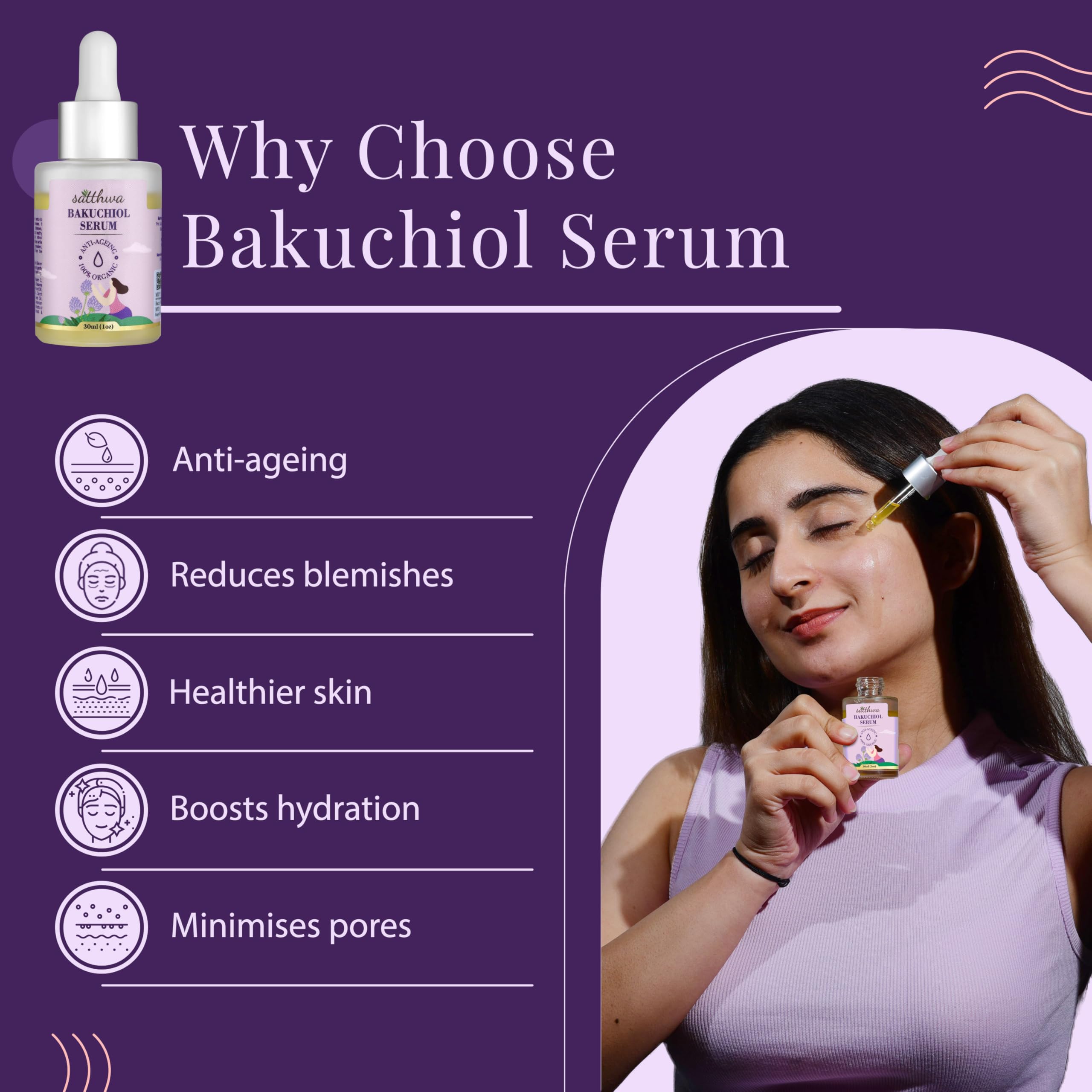 Satthwa Organic Bakuchiol Face Serum - Plumping, Anti-Aging and Reduces Wrinkles Fine Lines - Serum with Vitamin C, Ashwagandha