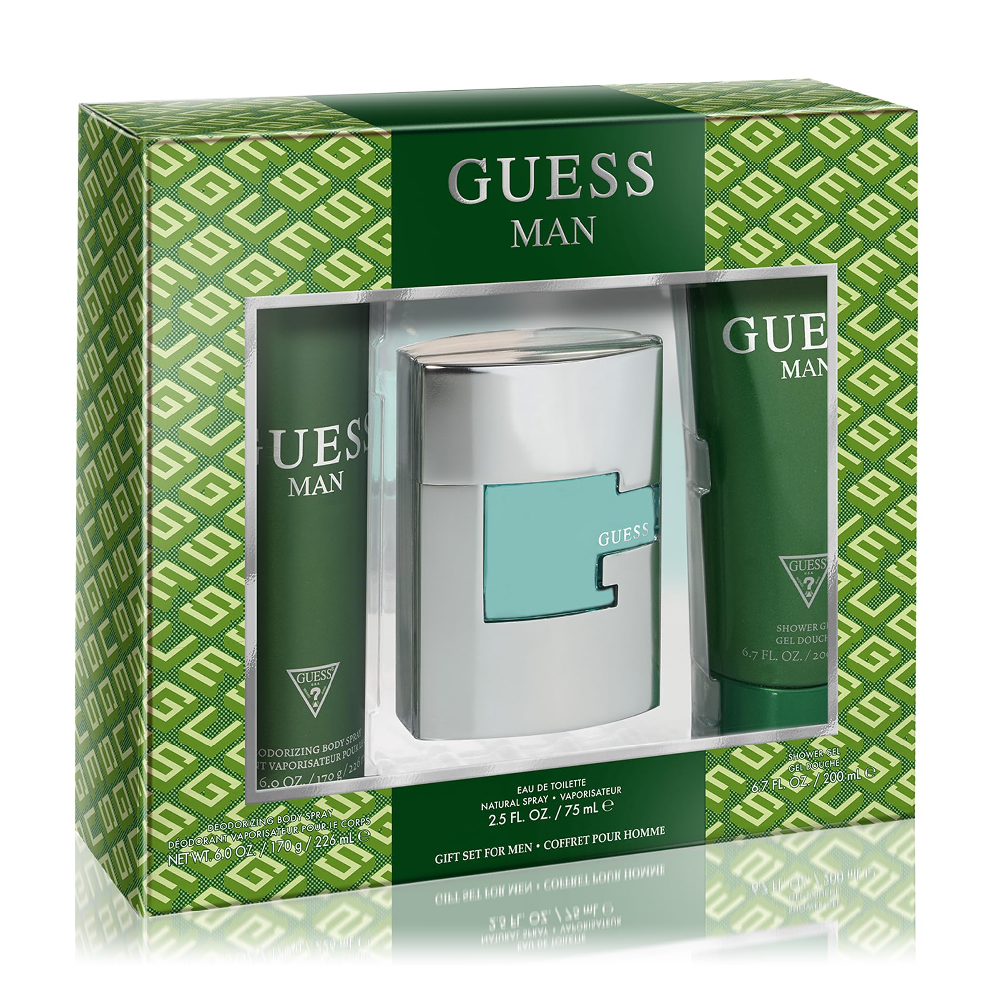 Guess Man Eau De Toilette 3 Piece Gift Set - Cologne Spray 2.5 Fl. Oz., Deodorizing Body Spray 6.0 Oz., & Shower Gel 6.7 Fl. Oz.