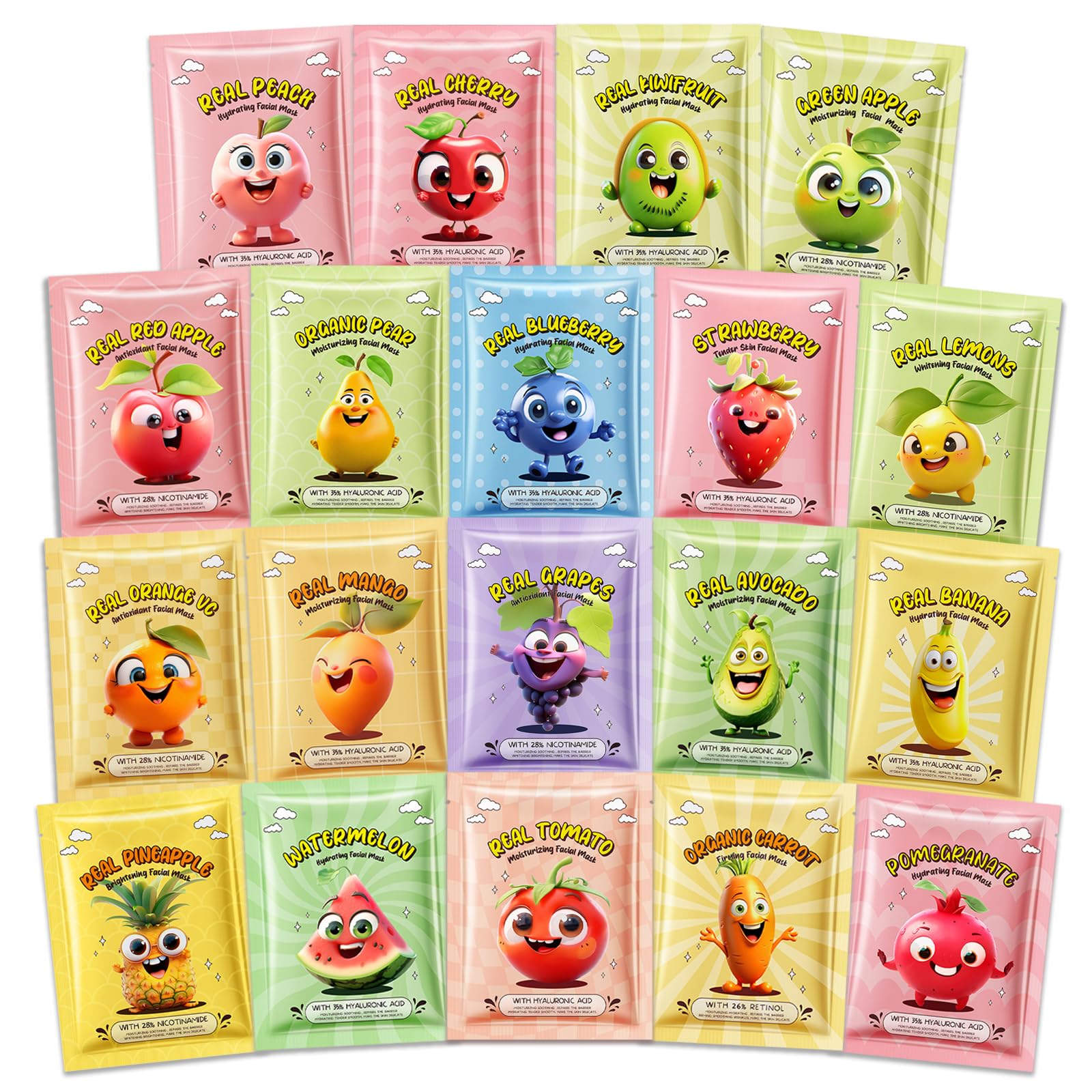 KYDA 19 Pack Fruit Face Masks Skincare for Women, Sheet Hydrating Facial Masks, Skin Care for All Skin Types, Spa & Sleepover & 