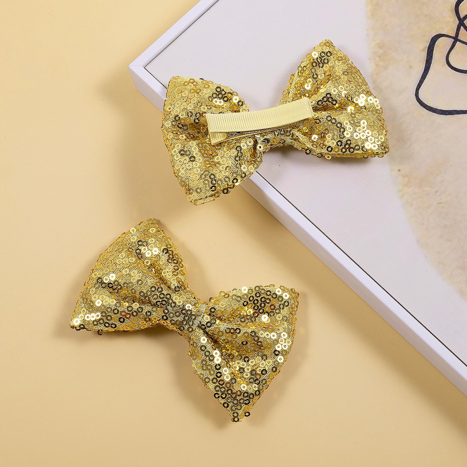 4'' Gold Sparkly Glitter Sequin Hair Bows Clips For Toddler Girls Valentines Christmas Birthday Gift Party Dress Outfit Decor Ac