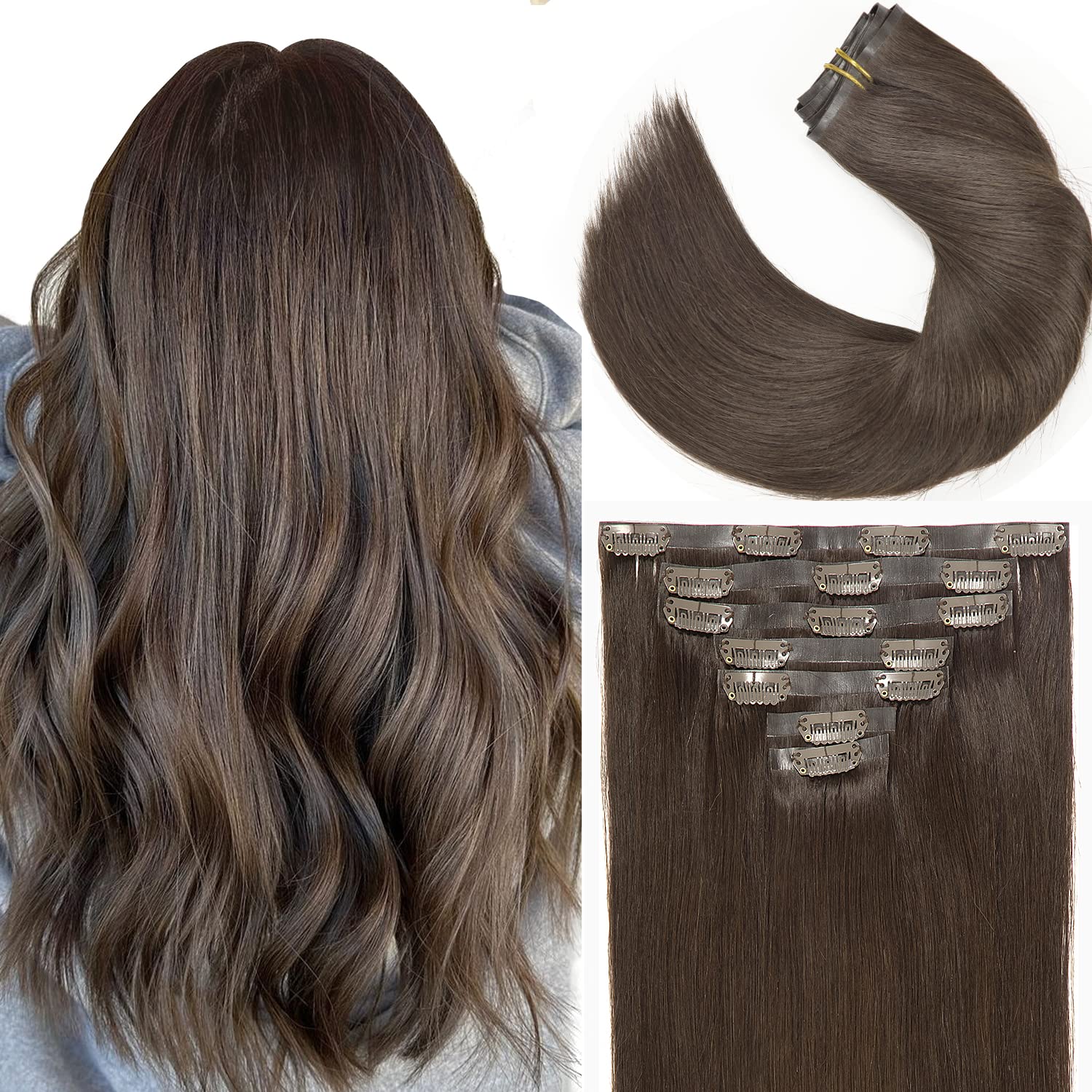 Lacer Hair Extensions Real Human Hair Seamless Clip ins Dark Brown Clip in Hair Extensions Human Hair Silicone Weft Hair Extensi