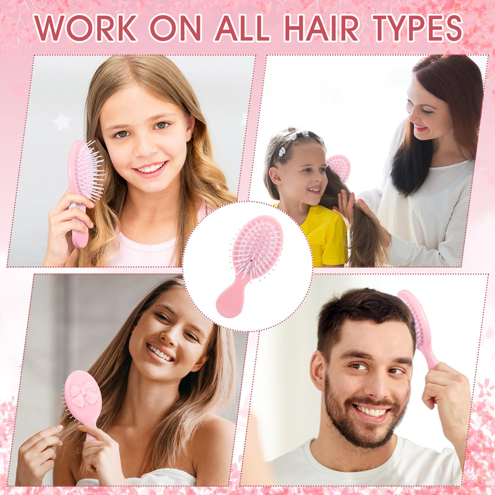 Meanplan 6 Pcs Mini Hair Brush Bulk with Bow Travel Detangling Brush Pink Coquette Small Hairbrush for Dry and Wet Hair Women Gi