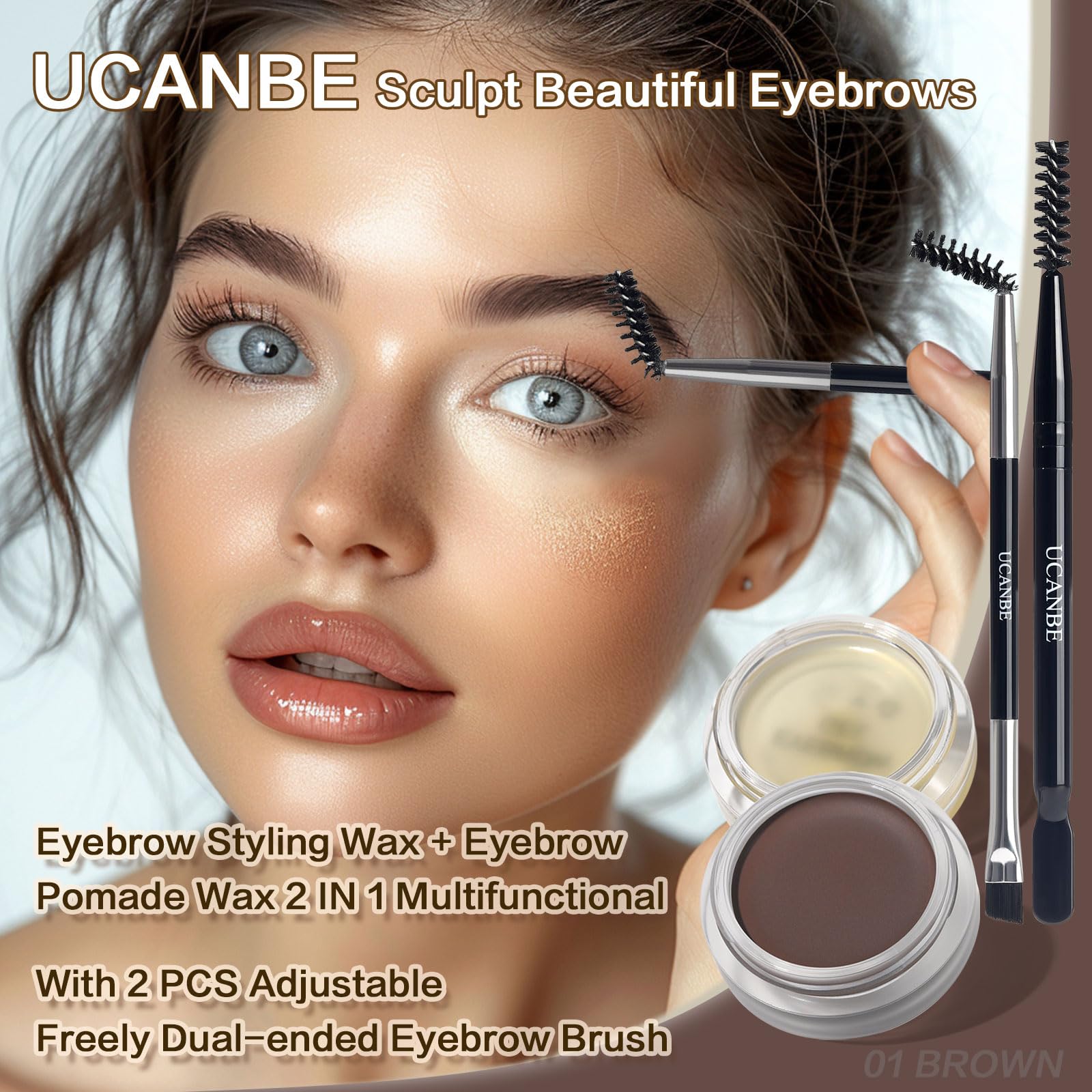 UCANBE Waterproof Eyebrow Gel + Eyebrow Styling Wax 2 in 1 Makeup Kit with 2 Pcs Dual-ended Adjustable Freely Eyebrow Brush Make
