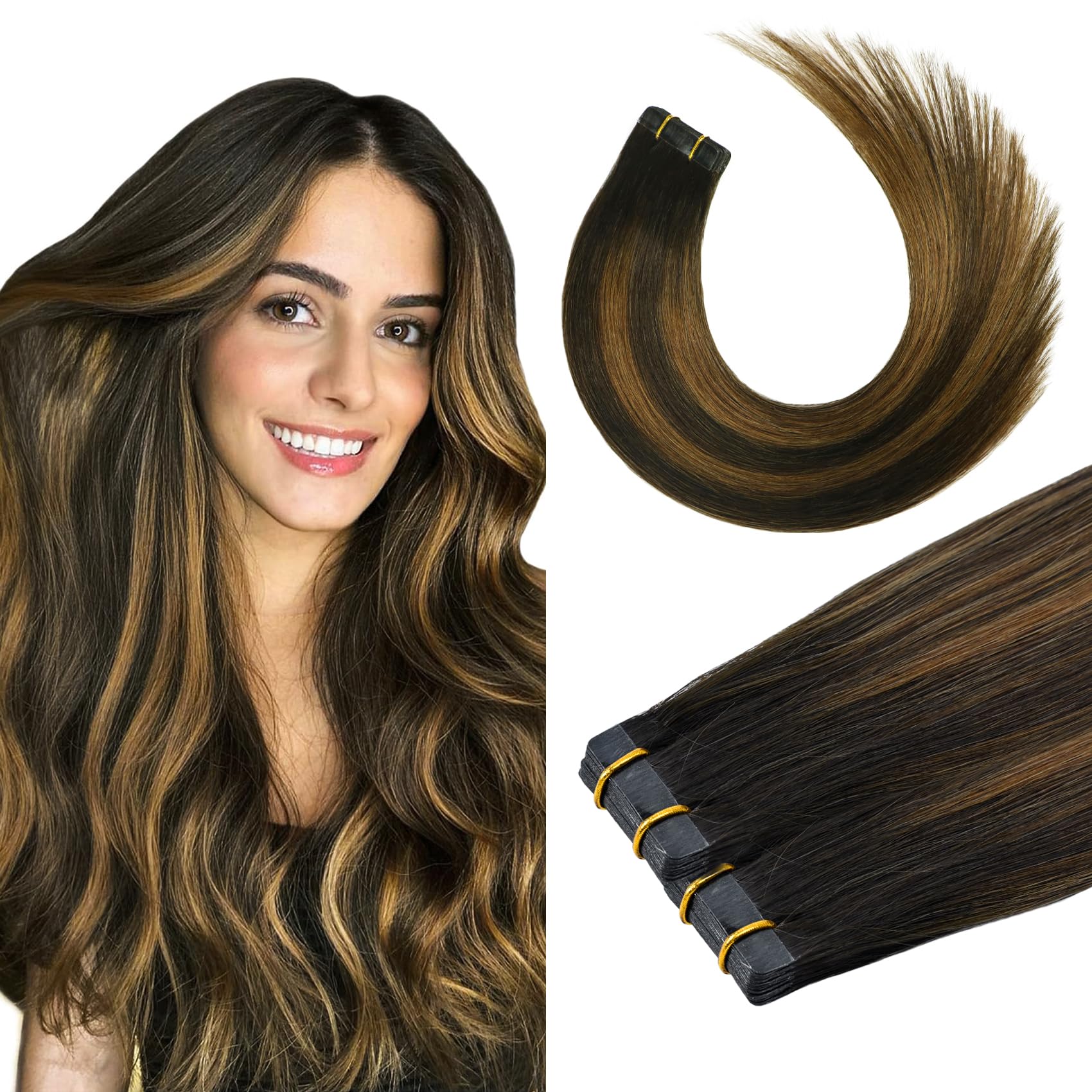 Aison Balayage Dark Brown Ombre To Chestnut Brown Human Hair Tape In Extensions 16Inches 30G 20 Pcs/Pack Tape Ins Human Hair Ext