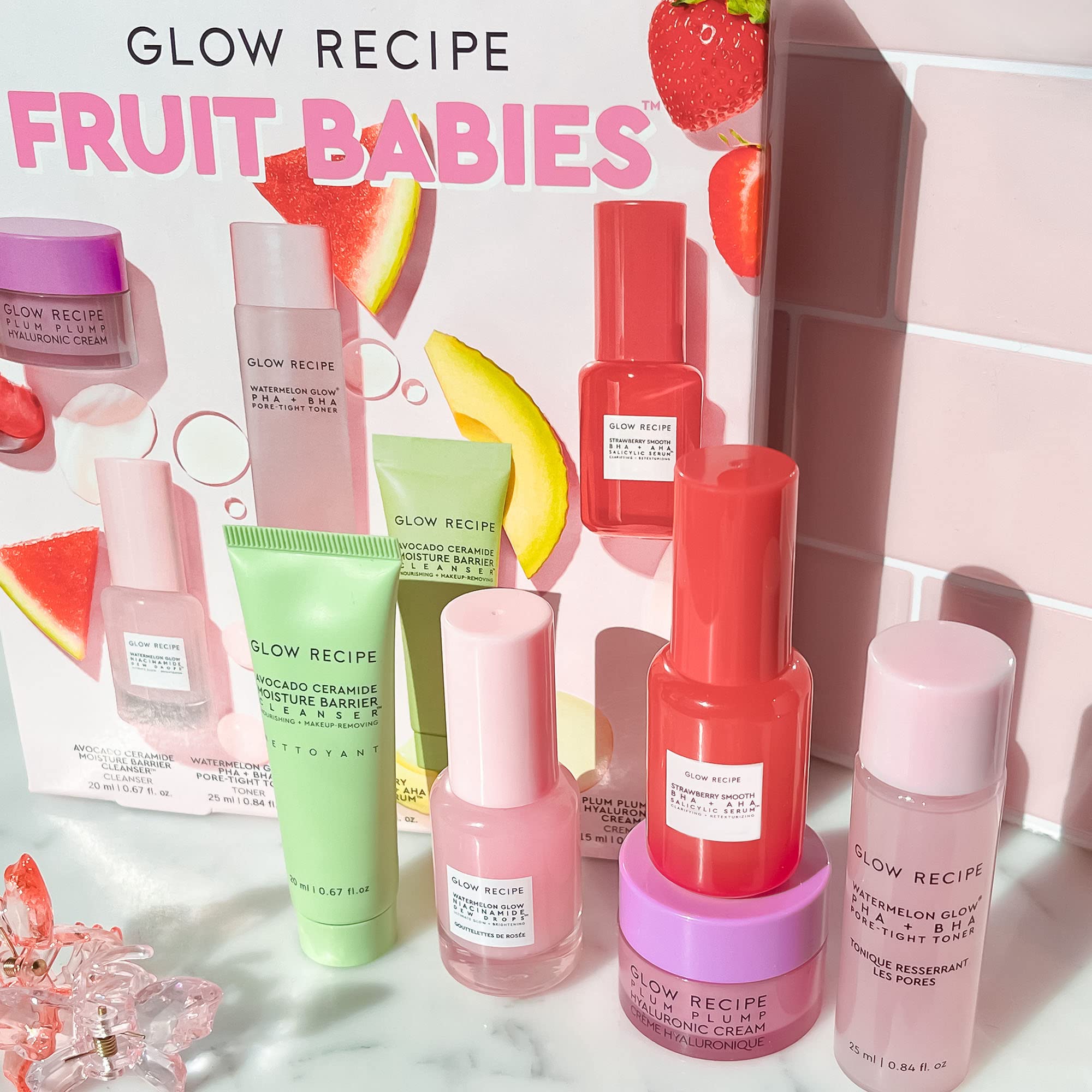 glow Recipe - Fruit Babies Bestsellers Kit - Mini Travel Size Beauty Essentials - Avocado Foam cleanser, Niacinamide Dew Drops S
