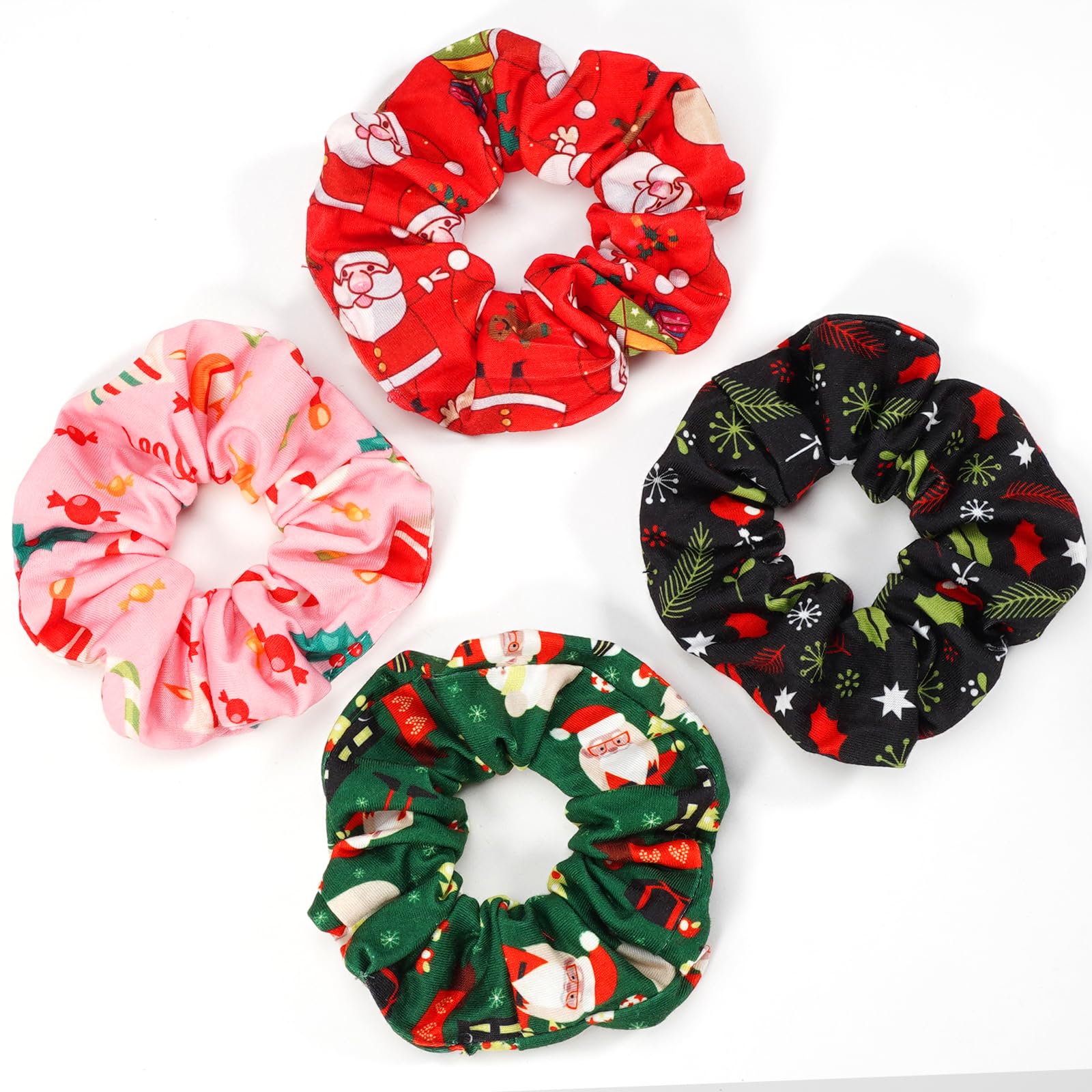 Christmas Hair Scrunchies for Women Girls Green Pink Santa Claus Snowman Bell Snowflake Hair Ties Xmas Cute Elastic Scrunchy Pon