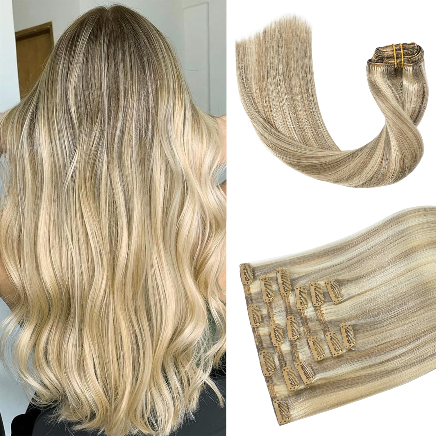 Aison Blonde Clip in Hair Extensions Real Human Hair 18 Inch Ash Blonde Mixed Bleach Blonde Hair Extensions Clip in Real Human H