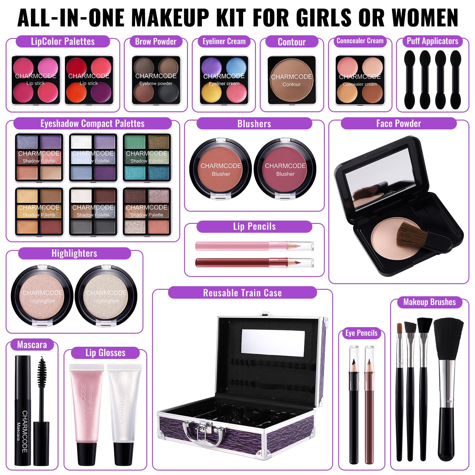 CHARMCODE Makeup Kit for Teen Girls & Women, Purple Train Case with Full Cosmetic Set, Includes Eyeshadow, Lipgloss, Blush & More
