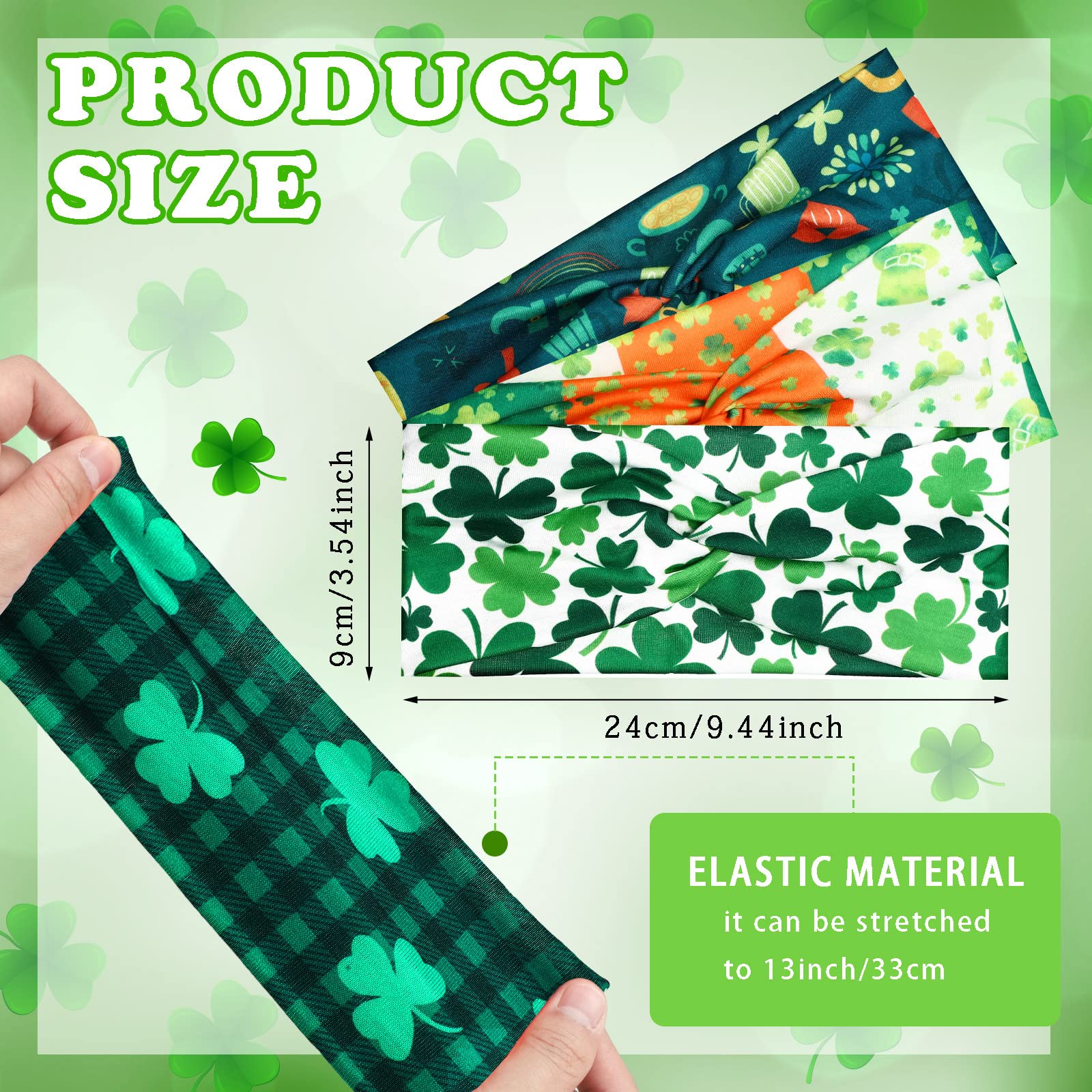 Giegxin 10 Pcs St.patrick's Day Headbands for Women Irish Green Shamrock Hair Band Wide Knotted Elastic Hair Accessories for Hol