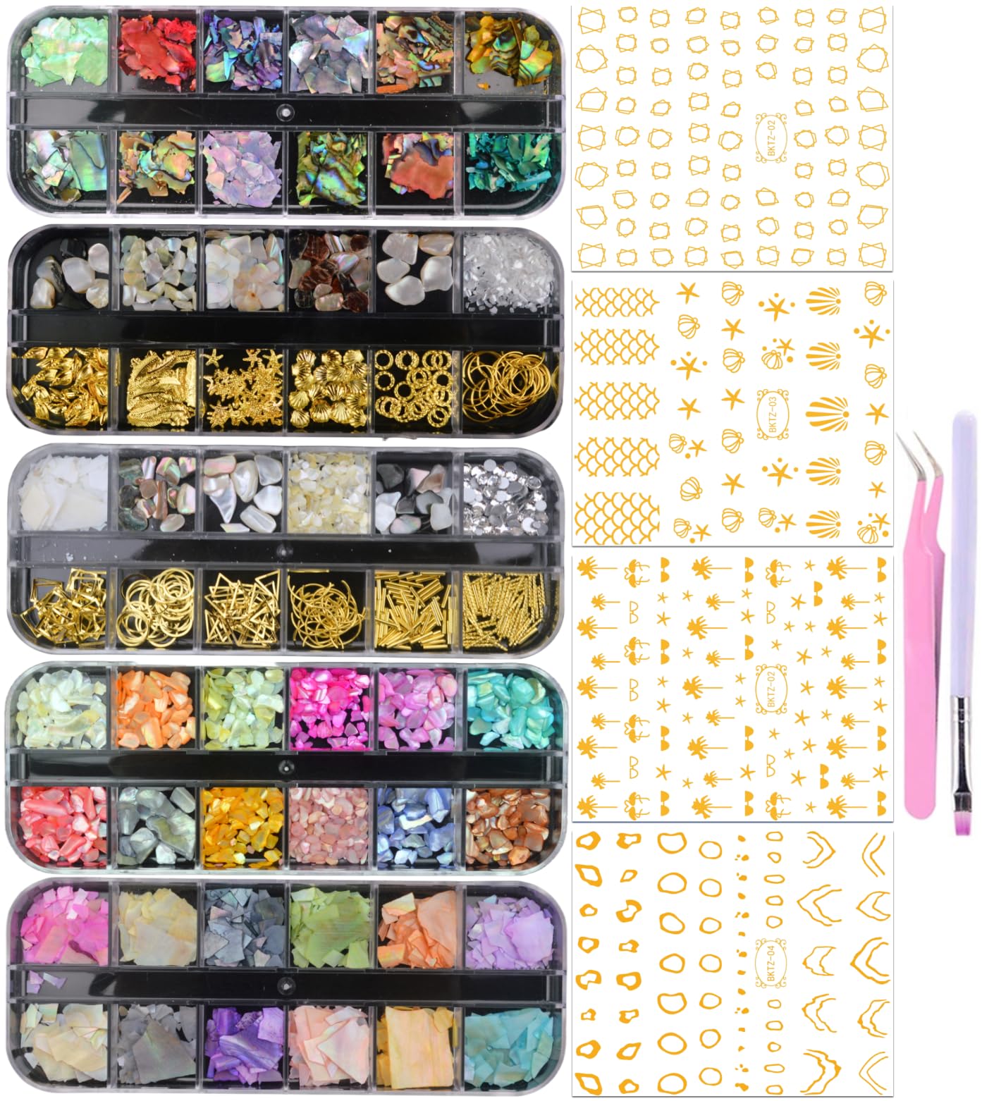 Edittime 5 Boxes 3D Nail Art Crushed Sea Shell Irregular Iridescent Natural Abalone Seashell Slices Starfish Metal Sea Star Conc