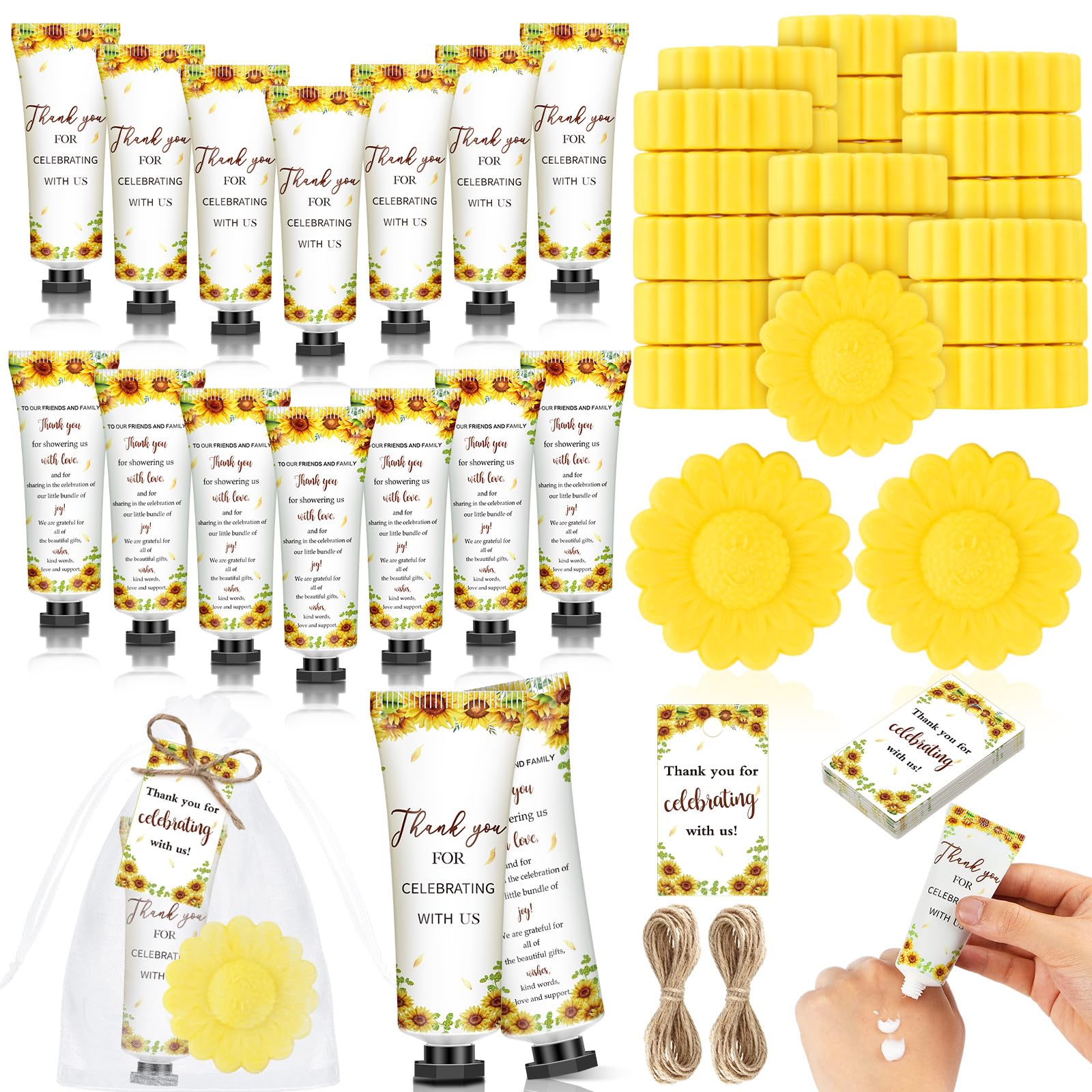 Dimsile 50pcs/25 Sets Sunflower Baby Shower Favors for Guests Yellow Flower Hand Creams Sunflower Shaped Soaps Bridal Shower Gif