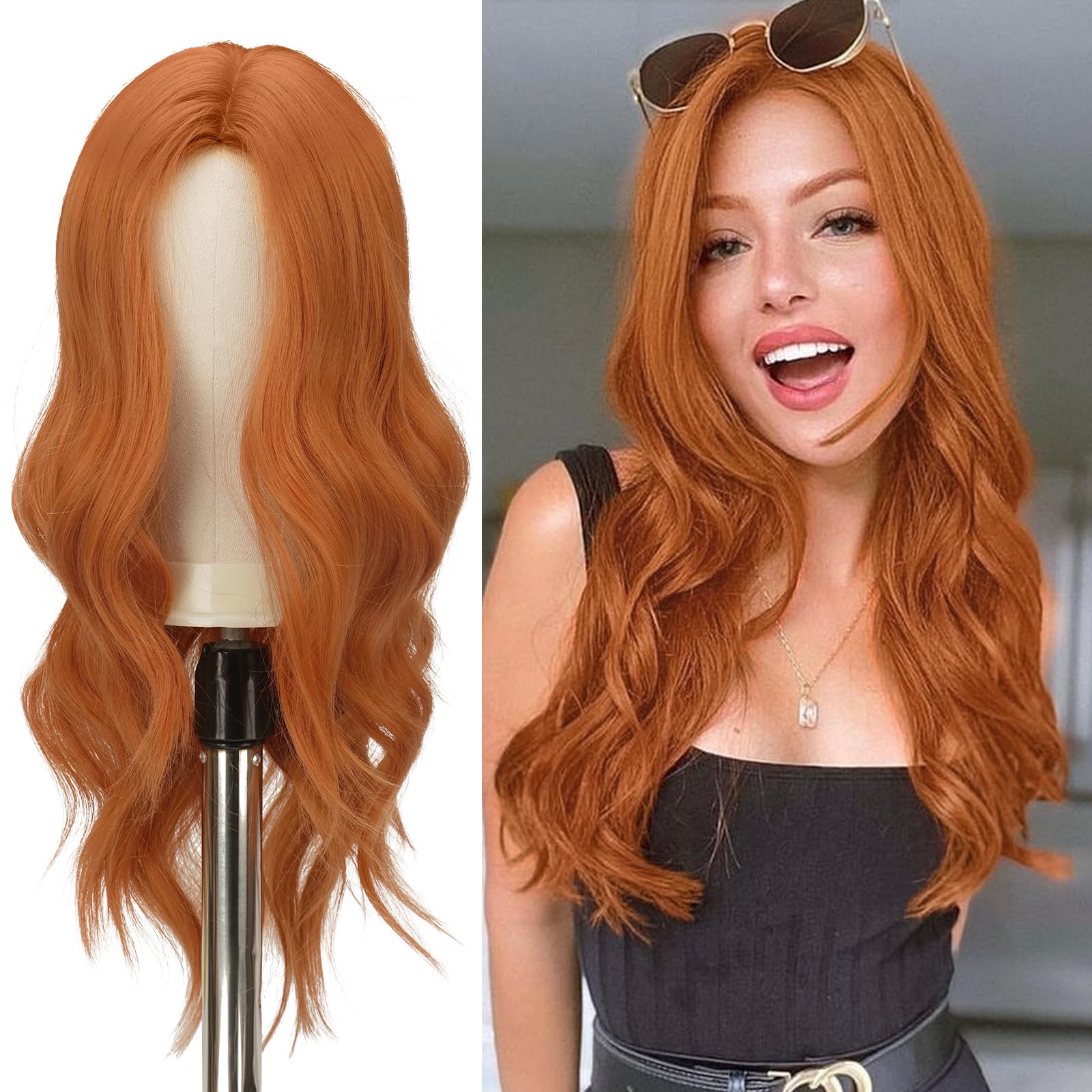 Feshfen Orange Wigs For Women 22 Inch Orange Long Wavy Full Wig Middle Parting Wigs Natural Looking Synthetic Wig For Daily Part