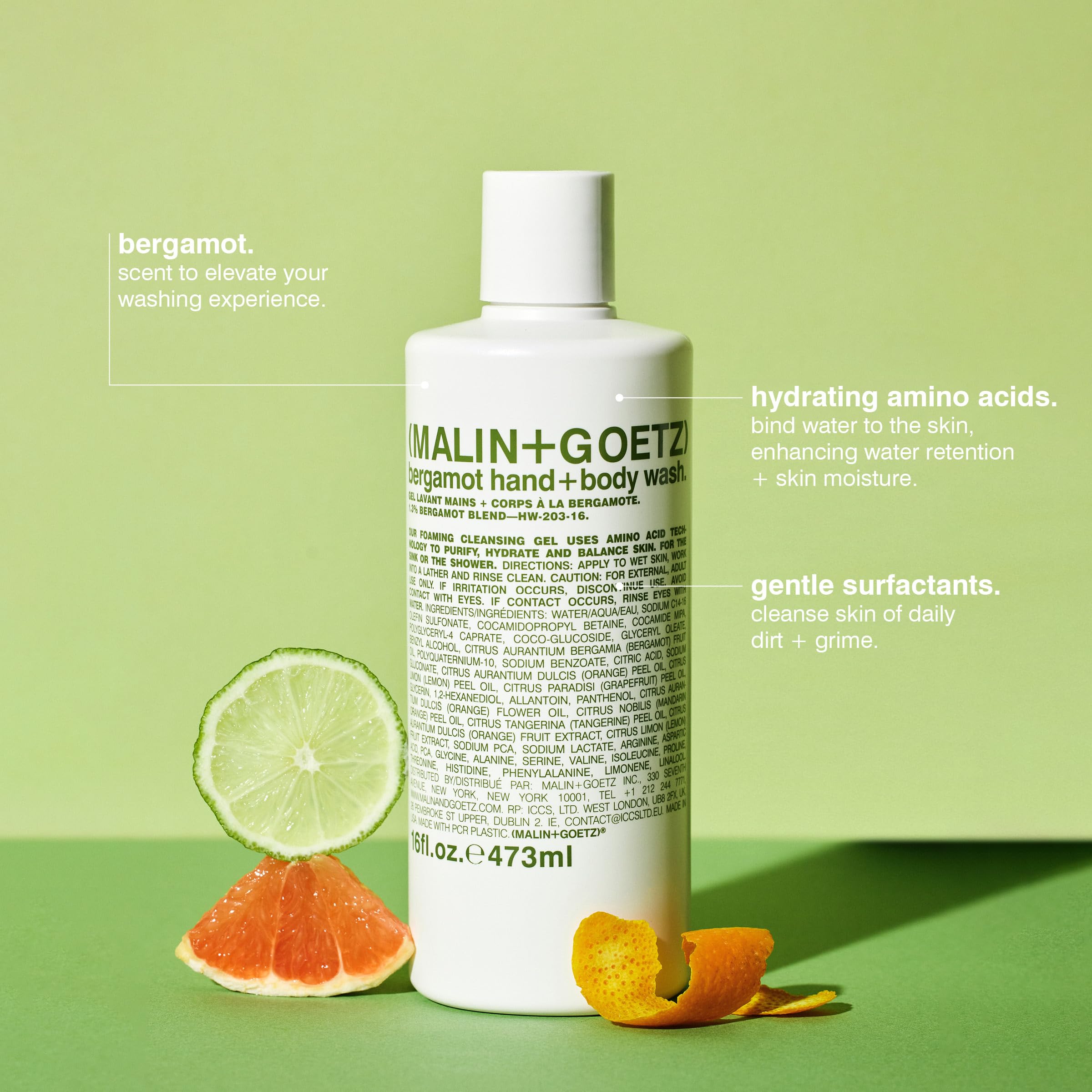 Malin + Goetz Bergamot Hand & Body Wash, 16 Fl. Oz. - Men & Women Natural Body Wash For All Skin Types, Foaming Hydrating Cleans