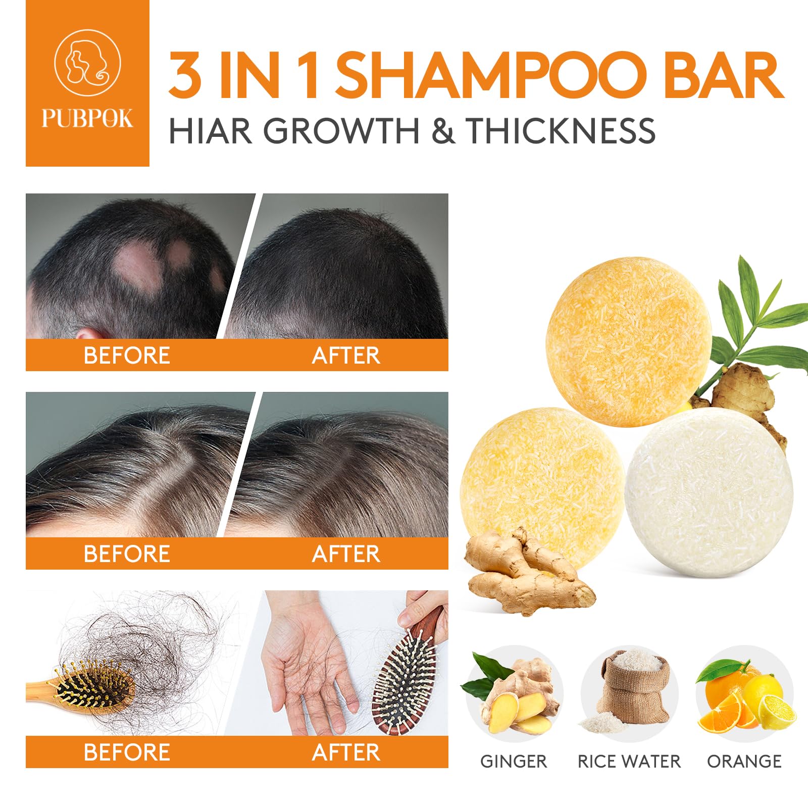 Pubpok Rice Water Shampoo Bars And Conditioner Set For Hair Growth, Organic Ginger & Rice Water Shampoo Bar, Orange Conditioner