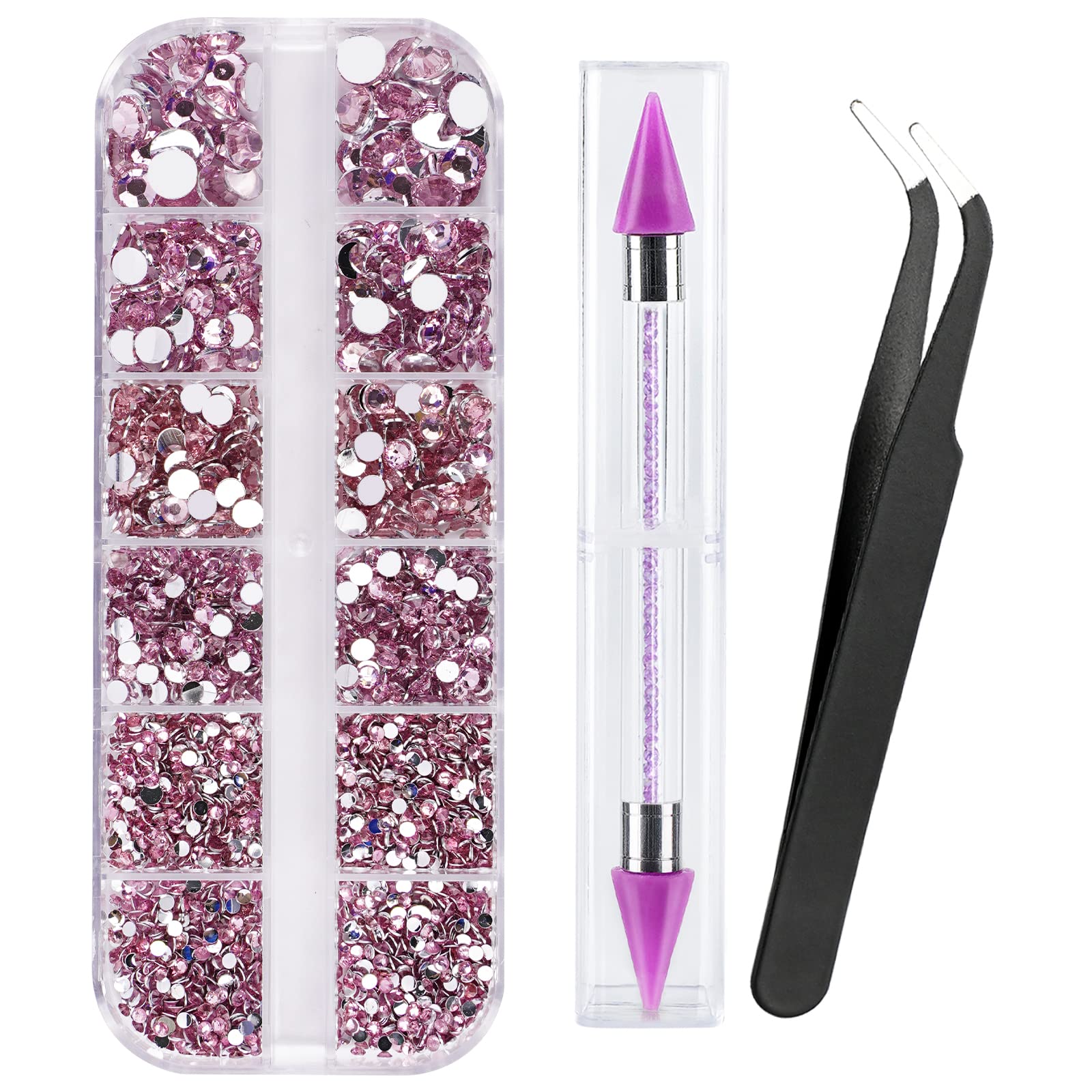 Canvalite 1500PCS Pink Rhinestones Flat Back Gems, Nail Rhinestones Nail Art Gems with Pick Up Tweezers and Rhinestone Picker Do