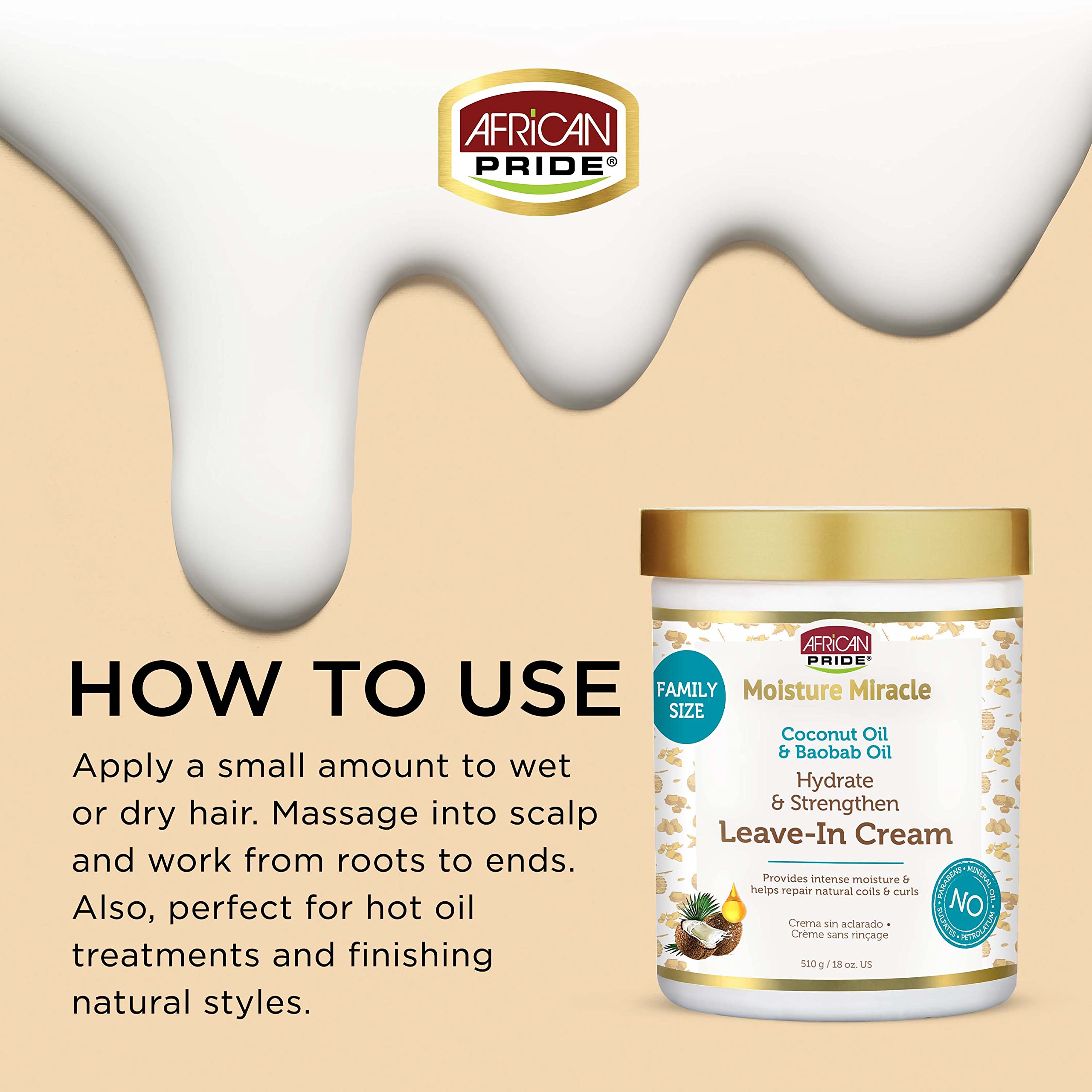 African Pride Moisture Miracle Coconut Oil & Baobab Oil Leave-In Hair Cream - Provides Intense Moisture & Helps Repair Natural C