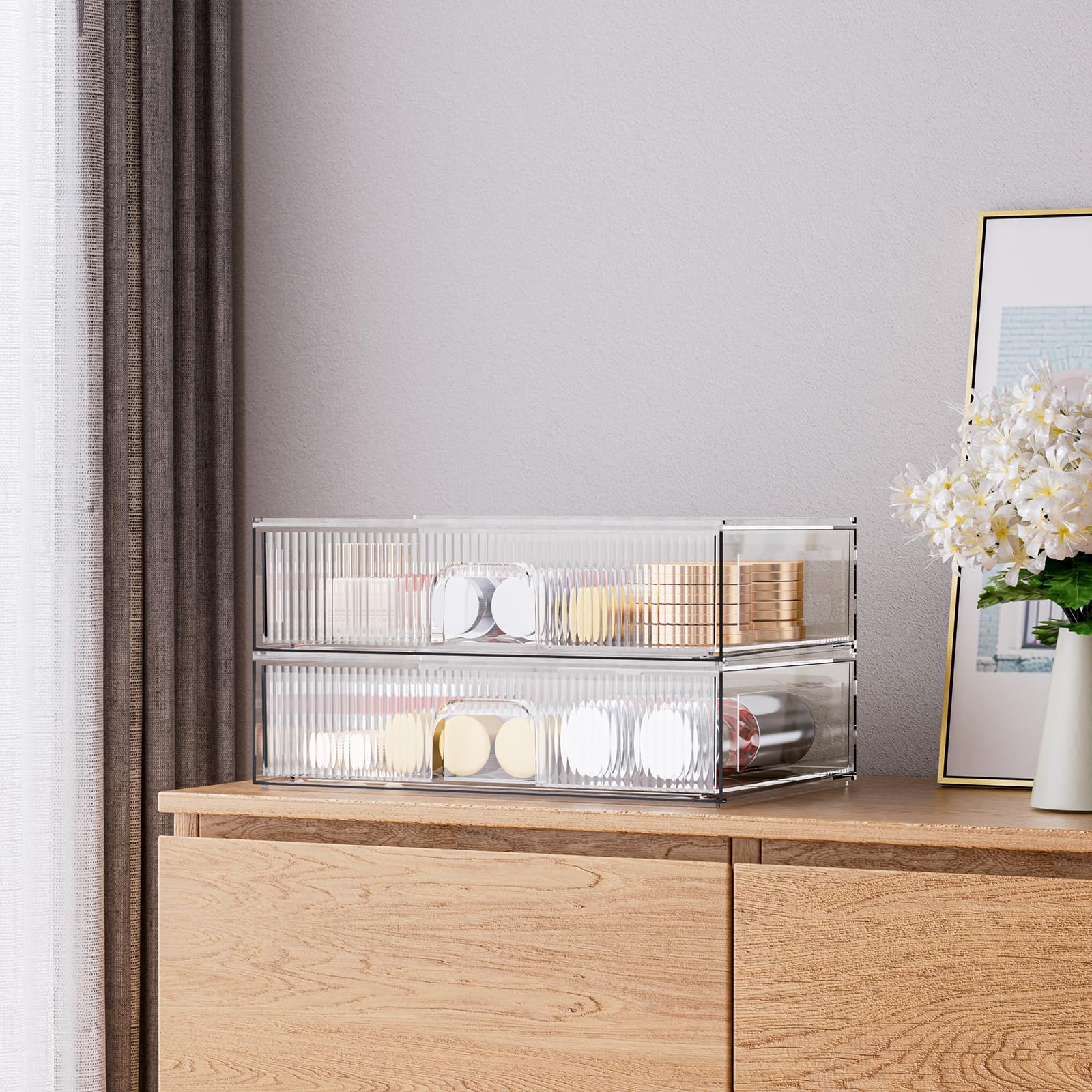 Zhiai Stackable Storage Drawer, 2 Piece Acrylic Organiser For Cosmetics And Beauty Products, Suitable For Dressers, Bathrooms, C