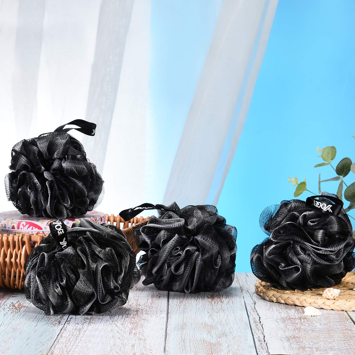 Yoget Charcoal Bath Loofah Sponge, 4 Pack Black 60G Large Shower Mesh Ball Soft Pouf Body Scrubber, Exfoliate, Cleanse, Soothe S