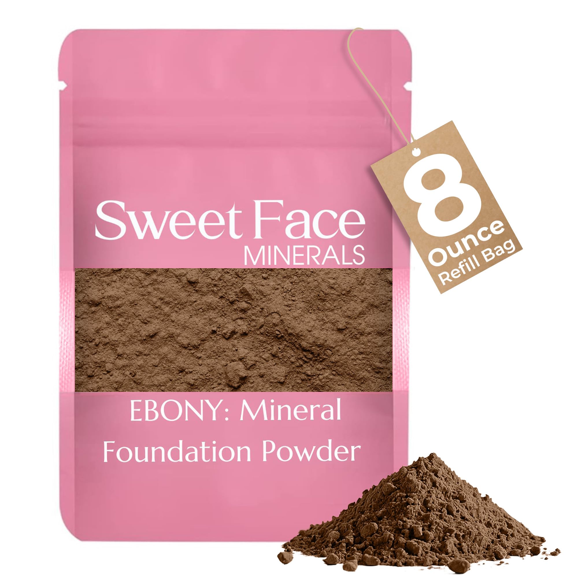 (8 Ounce) (EBONY) Foundation Powder Refill By Sweet Face Minerals, Lightweight Mineral Loose Makeup Powder with SPF 20, Full Cov