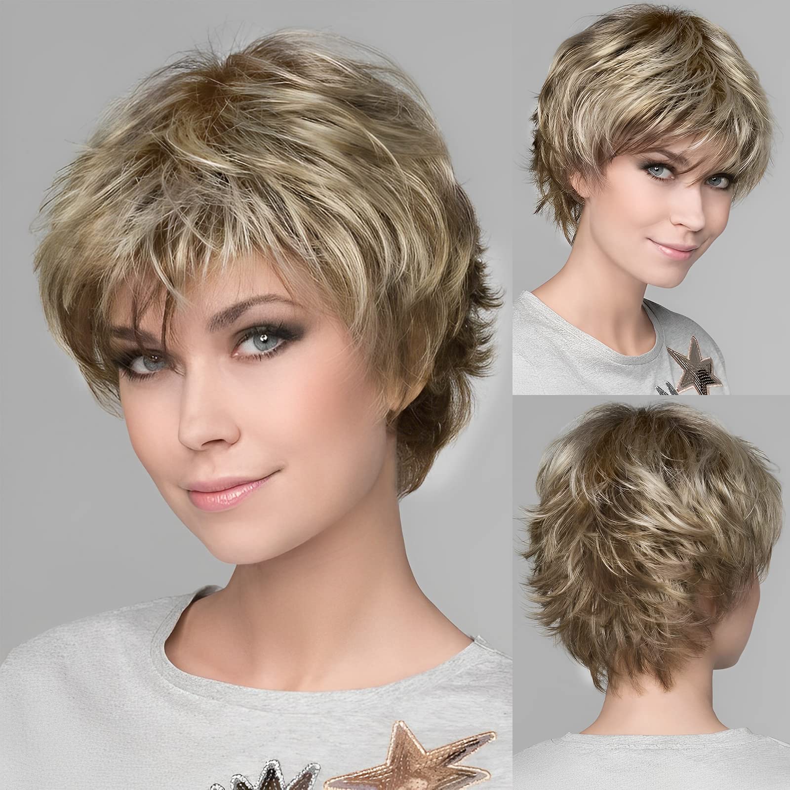 HAIRCUBE Human-hair Like Texture Light Blonde Mixed Off-white Short Pixie Cut Wigs for Women with Bangs Synthetic Replacement Wi