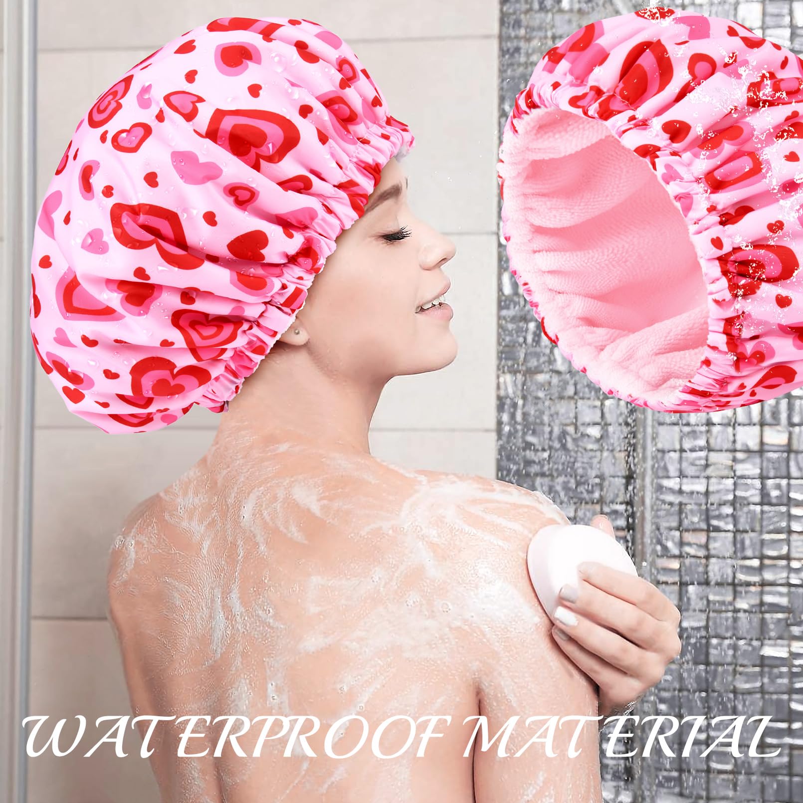 Shower Cap For Women Terry Lined Bath Cap Large Reusable Waterproof Elastic Band Pink Love Shower Caps For Long Thick Hair Soft