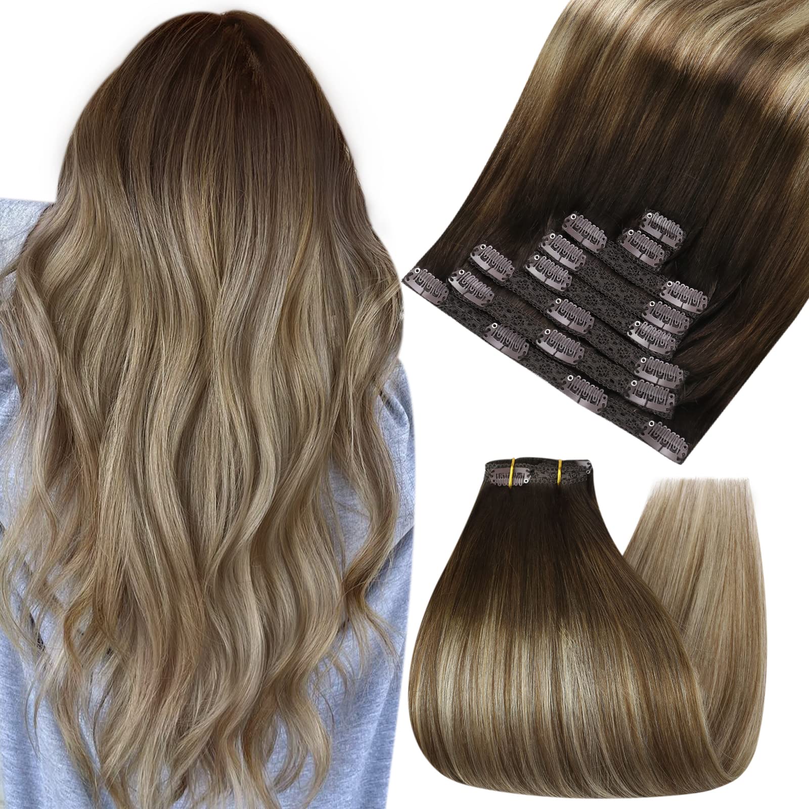Ugeat 20 Inch Clip In Hair Extensions #4/6/613 Balayage Brown And Blonde Hair Extensions Clip In Human Hair 120 Grams 8Pcs Blond