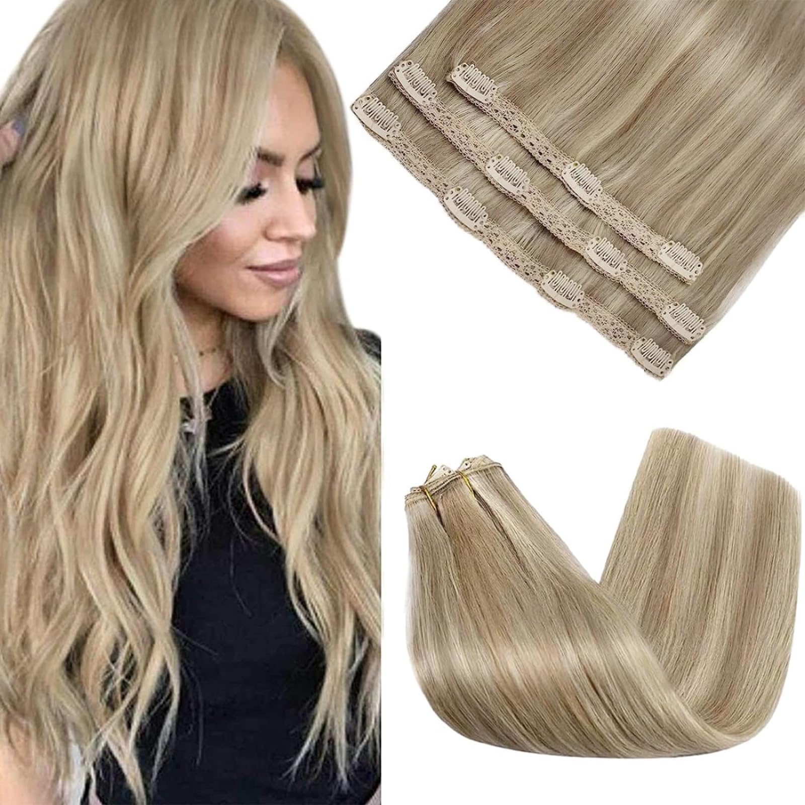 Sunny 22 Inch Blonde Human Hair Clip in Extensions Highlights Blonde Clip in Hair Extensions Long Remy Human Hair Clip in Extens