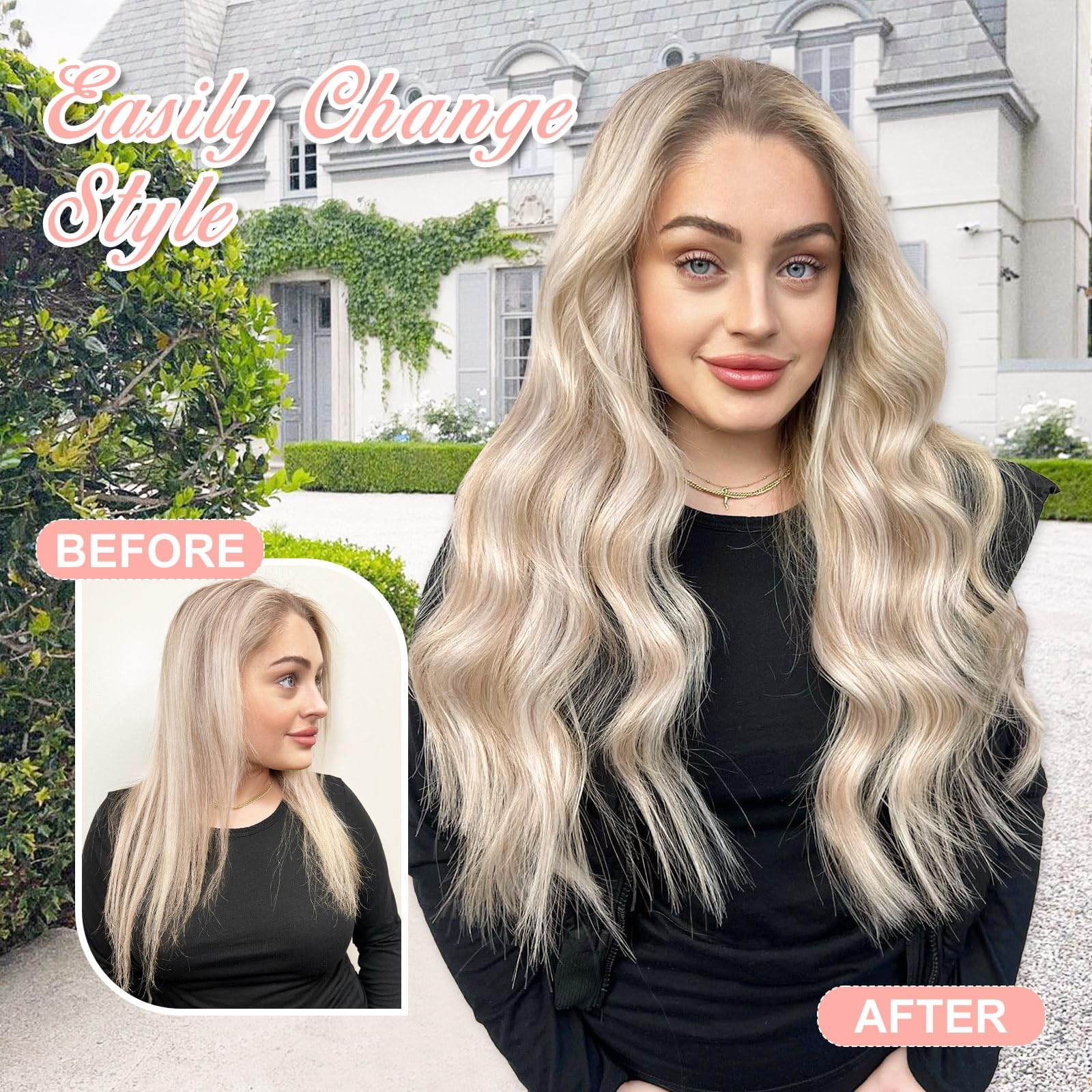 Alxnan Clip In Long Wavy Synthetic Hair Extension 20 Inch Ash Blonde Mix Highlights 4Pcs Thick Hairpieces Fiber Double Weft Hair