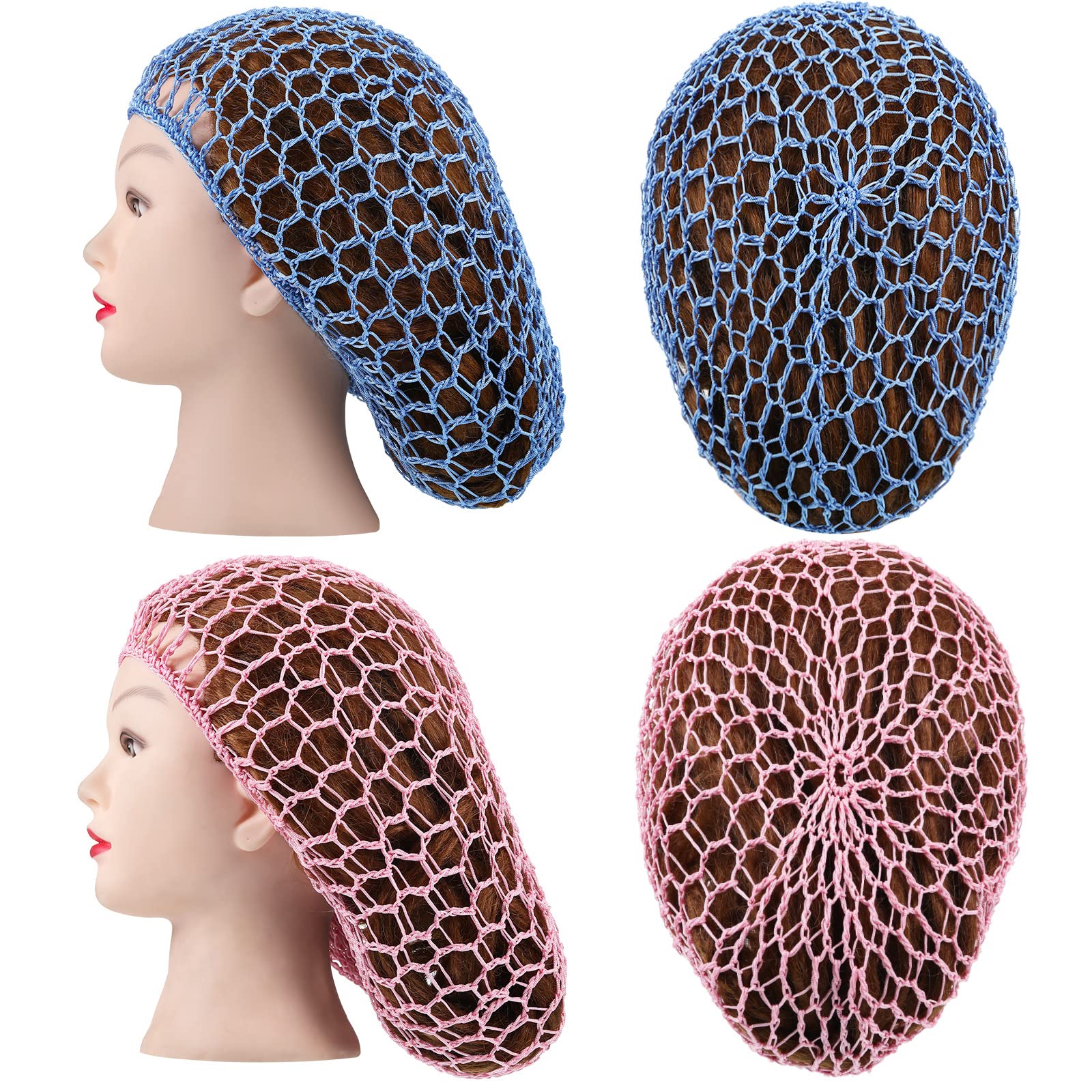 Waydress 2 Pieces Mesh Hair Net Rayon Knit Snood Women Crocheted Sleep Cap (Blue, Pink)