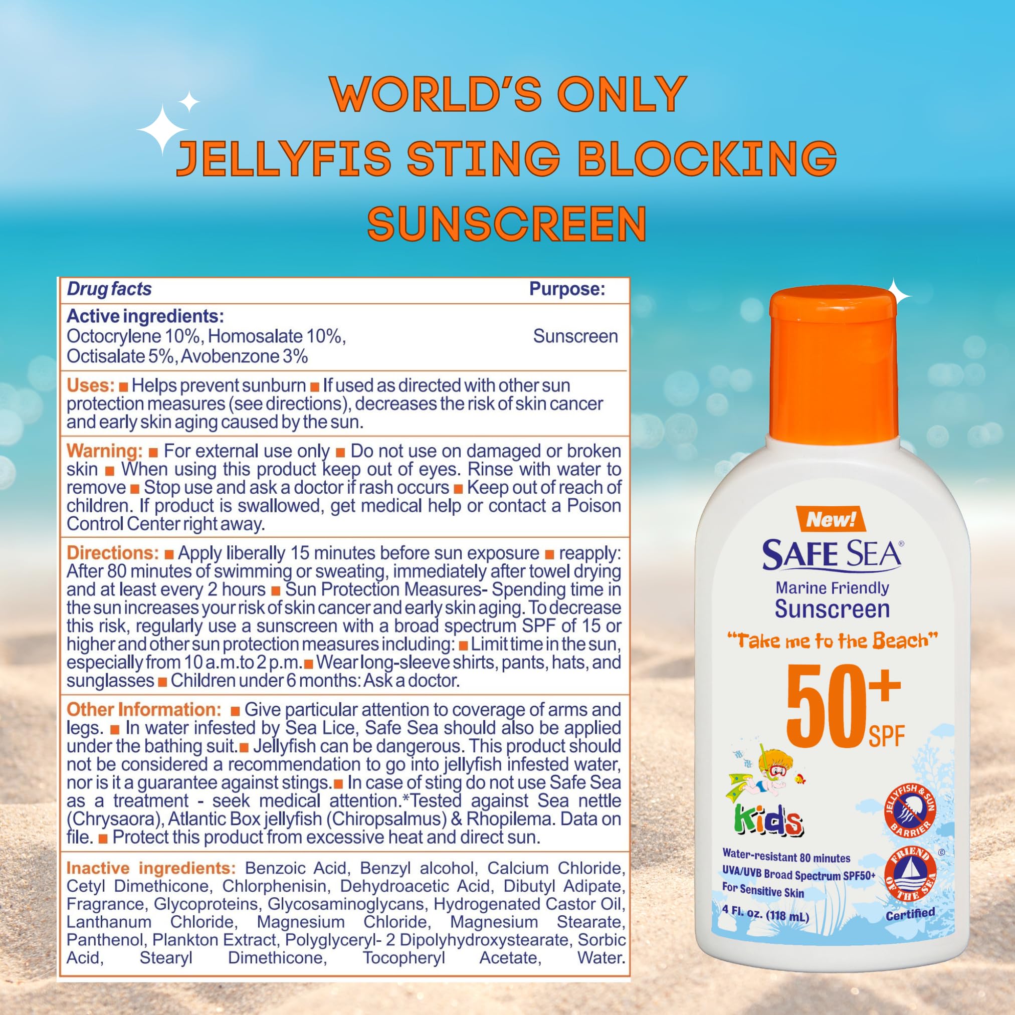 Safe Sea Jellyfish Sting-Blocking Sunscreen For Kids, Spf 50+ Lotion 4Oz, Waterproof, Biodegradable, Coral Reef-Safe - Body And