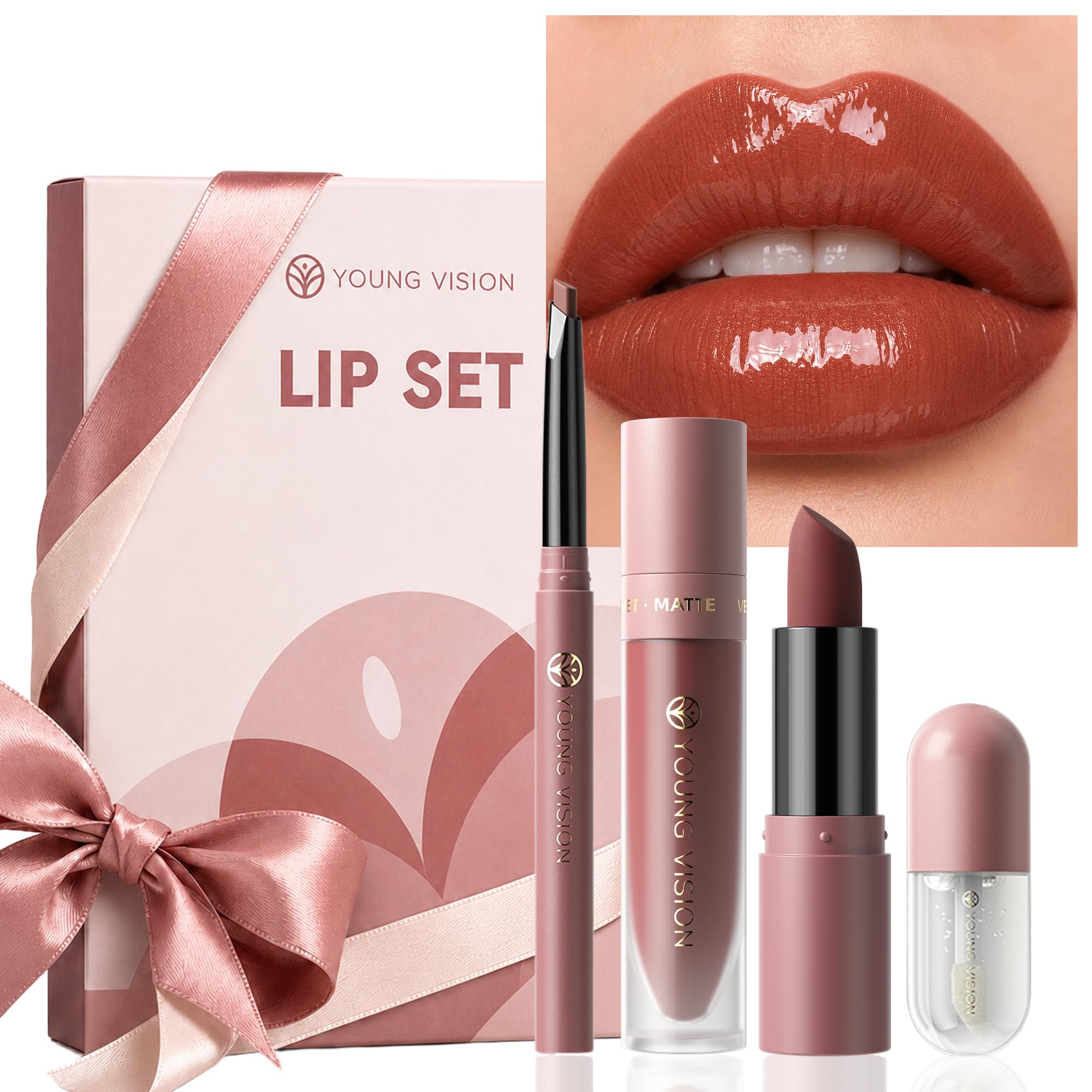 YOUNG VISION 4Pcs Brick Red Lip Combo: Matte to Glossy Look Gift Kit