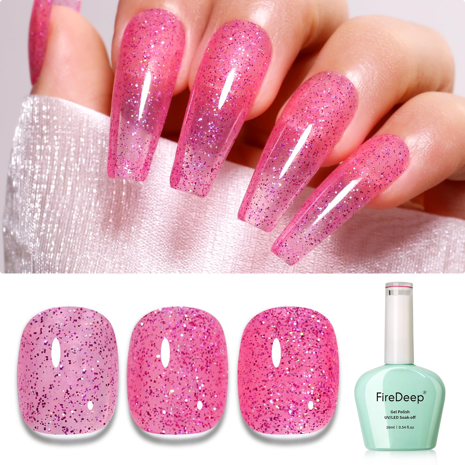 Firedeep Pink Glitter Gel Nail Polish 16ML Big Bottles Sparkly Iridescent Glitter UV/LED Soak Off Gel Polish for Nail Art Manicu