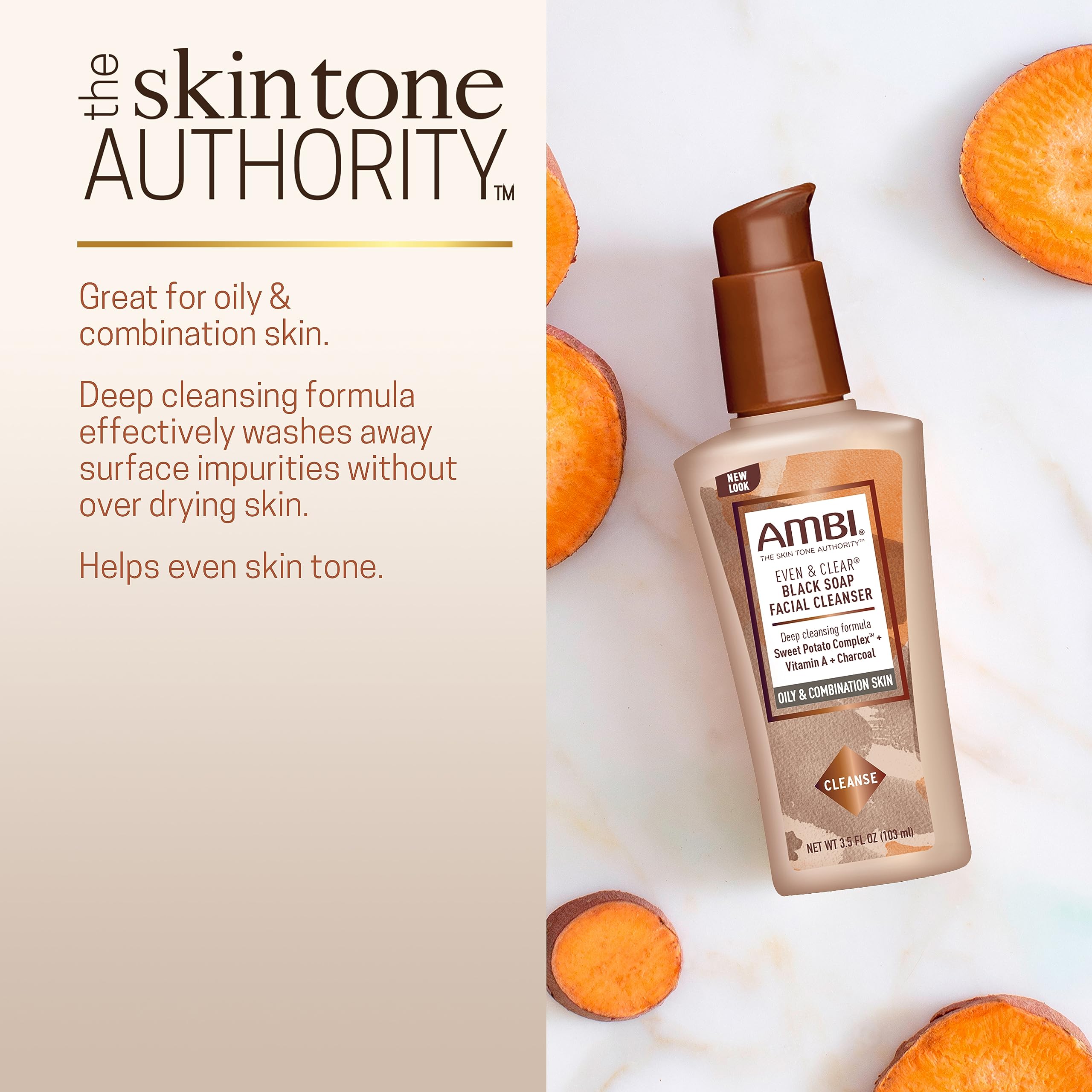 Ambi Charcoal Black Soap Facial Cleanser with Sweet Potato, 3.5 Fl Oz, Black, Model S2927200 - Evens Skin Tone