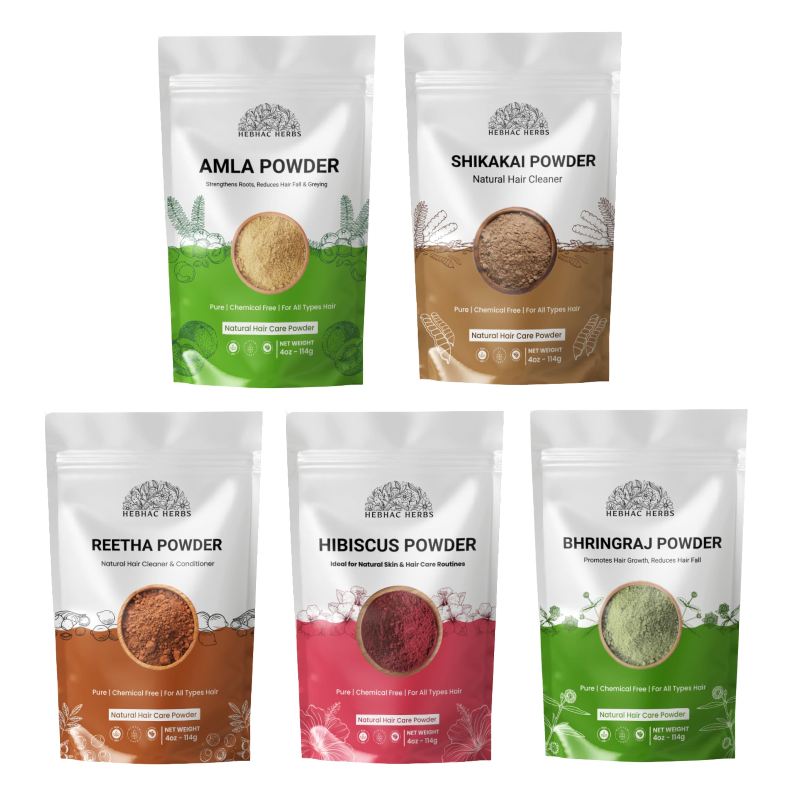 Hair Care Combo Natural Hair Cleanser Amla, Reetha & Shikakai Powders, Bhringraj & Hibiscus (Each 114g) Herbal Hair Pack, Ayurve
