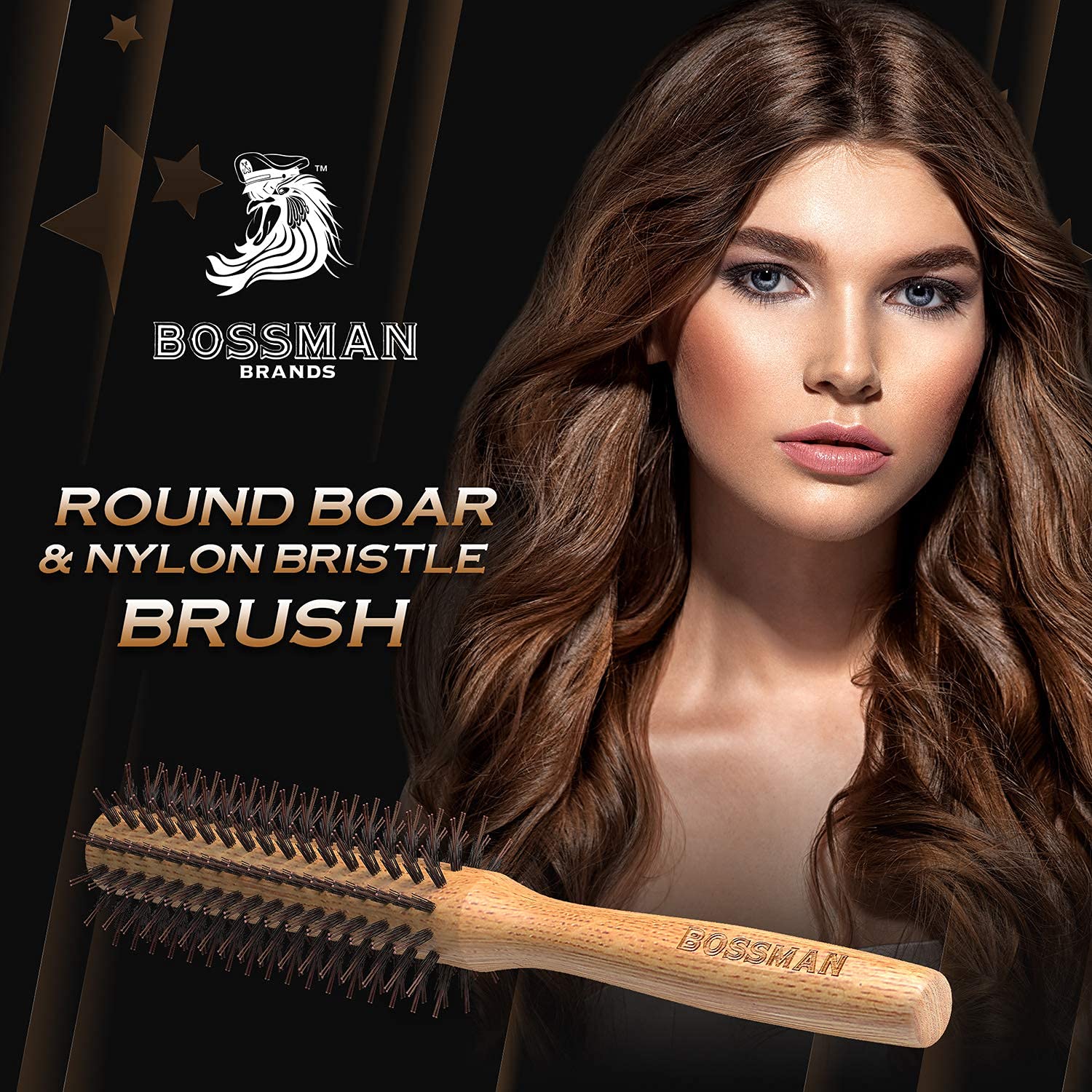 Bossman 2'' Round Boar & Nylon Bristle Hair Brush for Blow Dryer, Styling, Curling, Detangling and Straightening