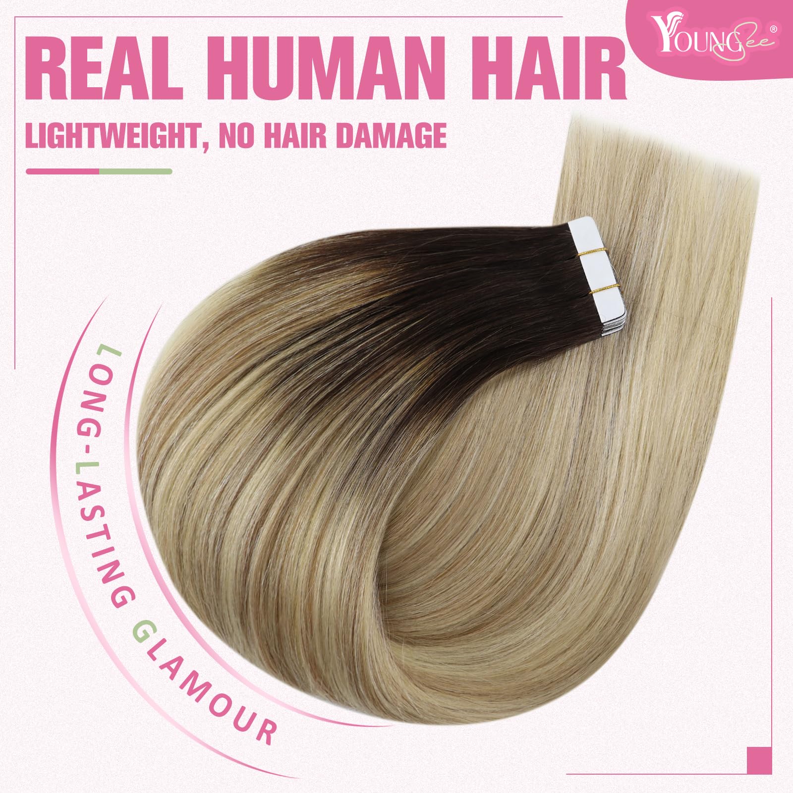 YoungSee Ombre Tape in Hair Extensions Human Hair 20 Inch Balayage Tape ins Human Hair Extensions Dark Brown to Blonde with Brow