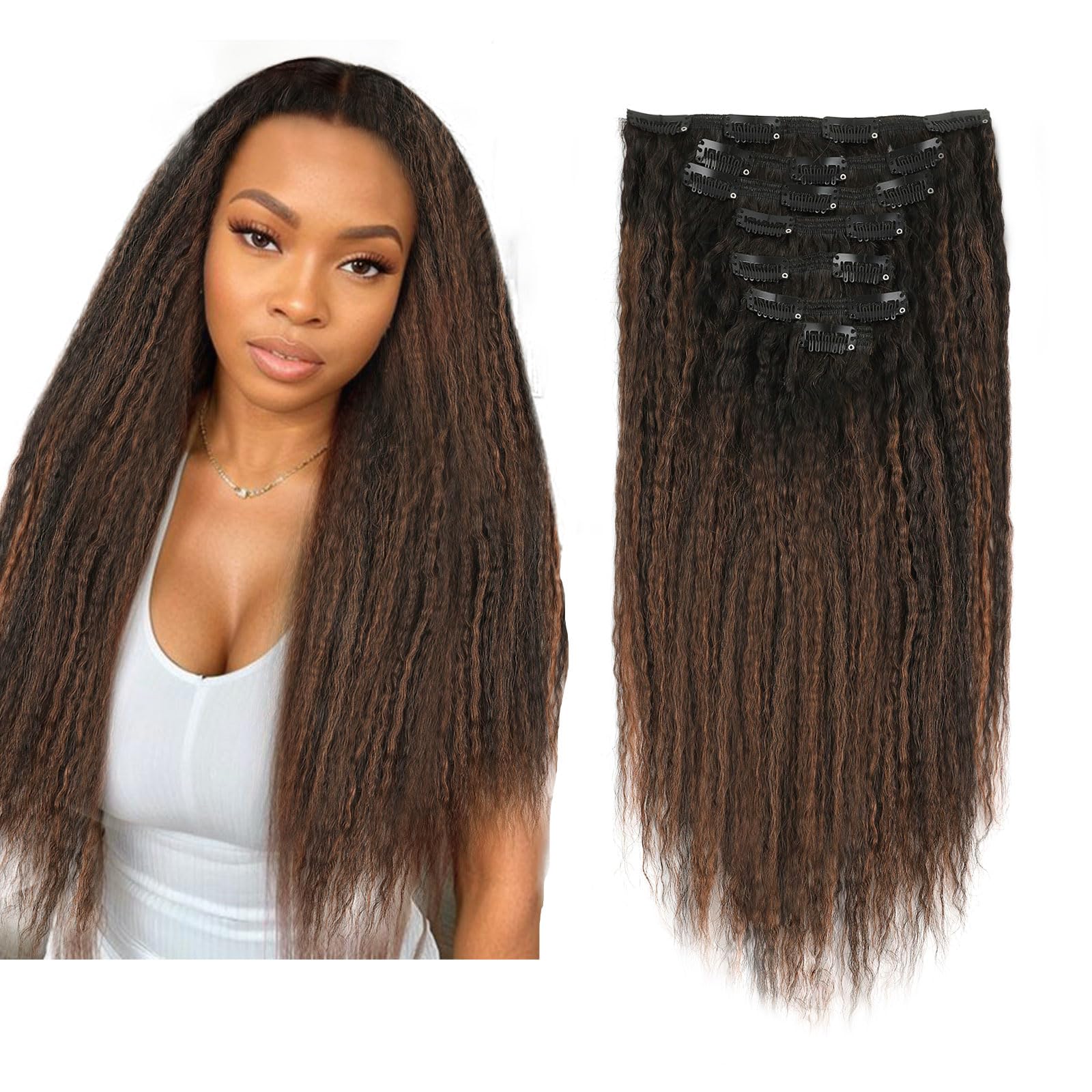 ABH AMAZINGBEAUTY HAIR Light Kinky Straight Clip ins Rooted Black Piano Natural Black #1B With Chocolate Brown #4 Kinky Clip ins