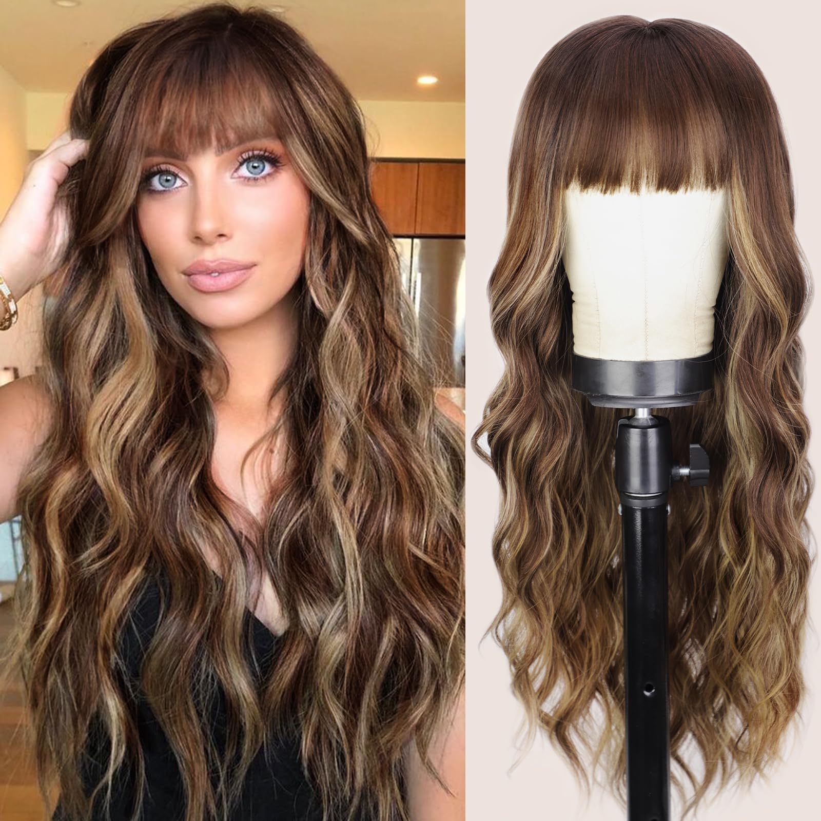 Lativ Brown Wig With Bangs Long Wavy Brown Mixed Blonde Highlight Wig with Dark Roots Ombre Natural Curly Synthetic Resistant Fi