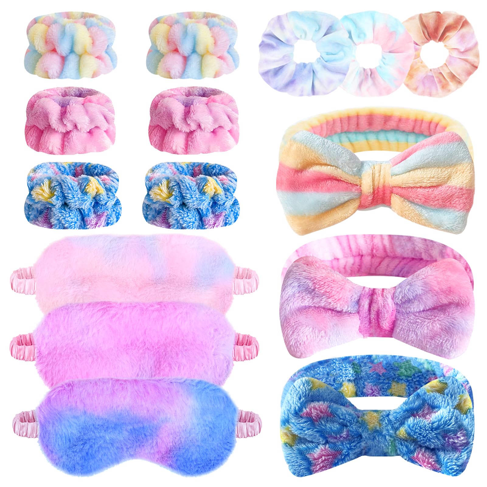 15 Pcs Sleepover Party Favors for Teenager Girl, Spa Headband Wrist Towels for Washing Face, Plush Bow Makeup Headbands Wristban
