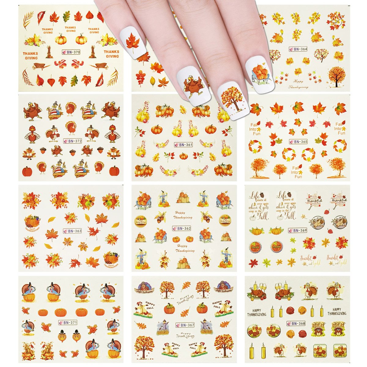 ALLYDREW 11 Sheets Fall Leaves Nails Thanksgiving Water Slide Nail Art Nail Decal Set Water Transfer Nail Art Sheets