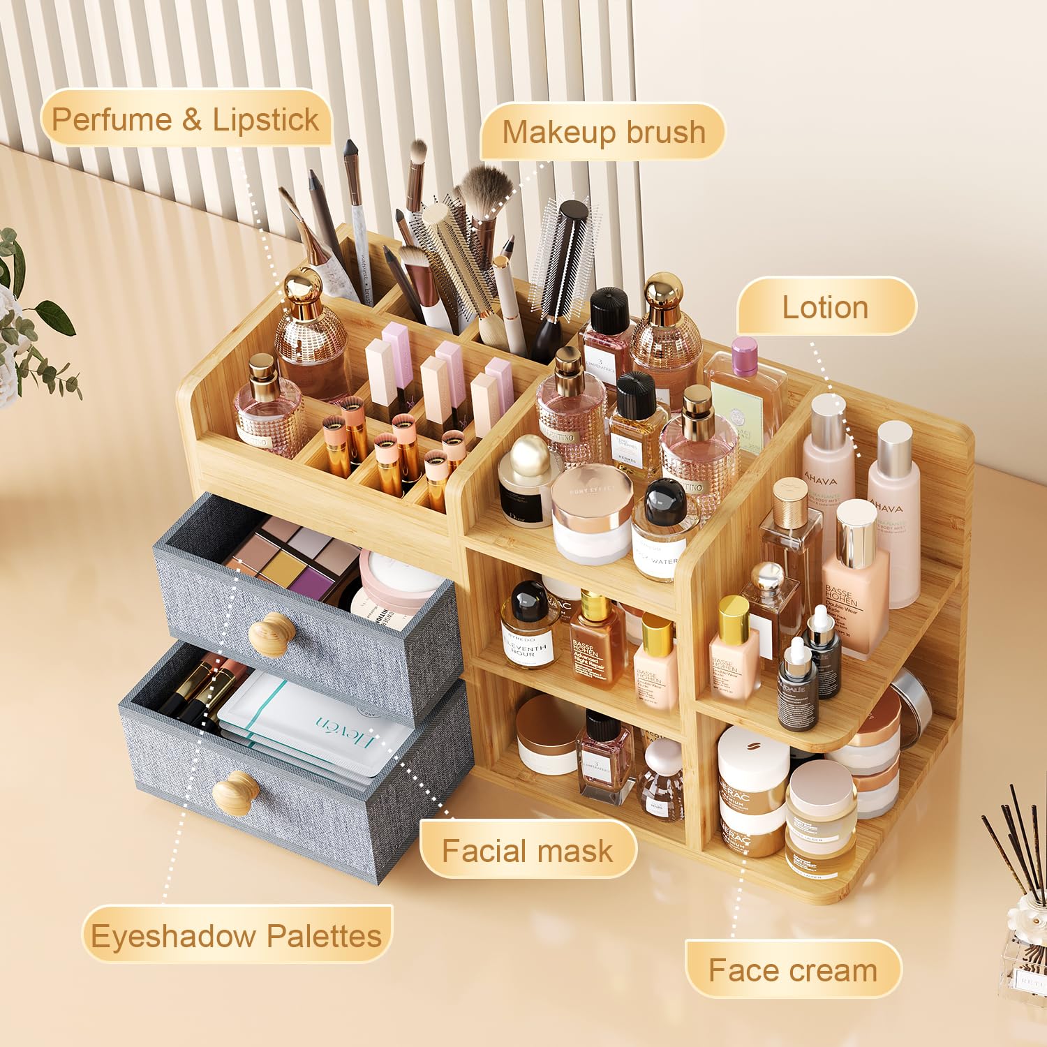 Large Makeup Organizer Countertop For Vanity Dresser, Bamboo Bathroom Counter Organizers And Storage,Cosmetic Skincare Perfume O