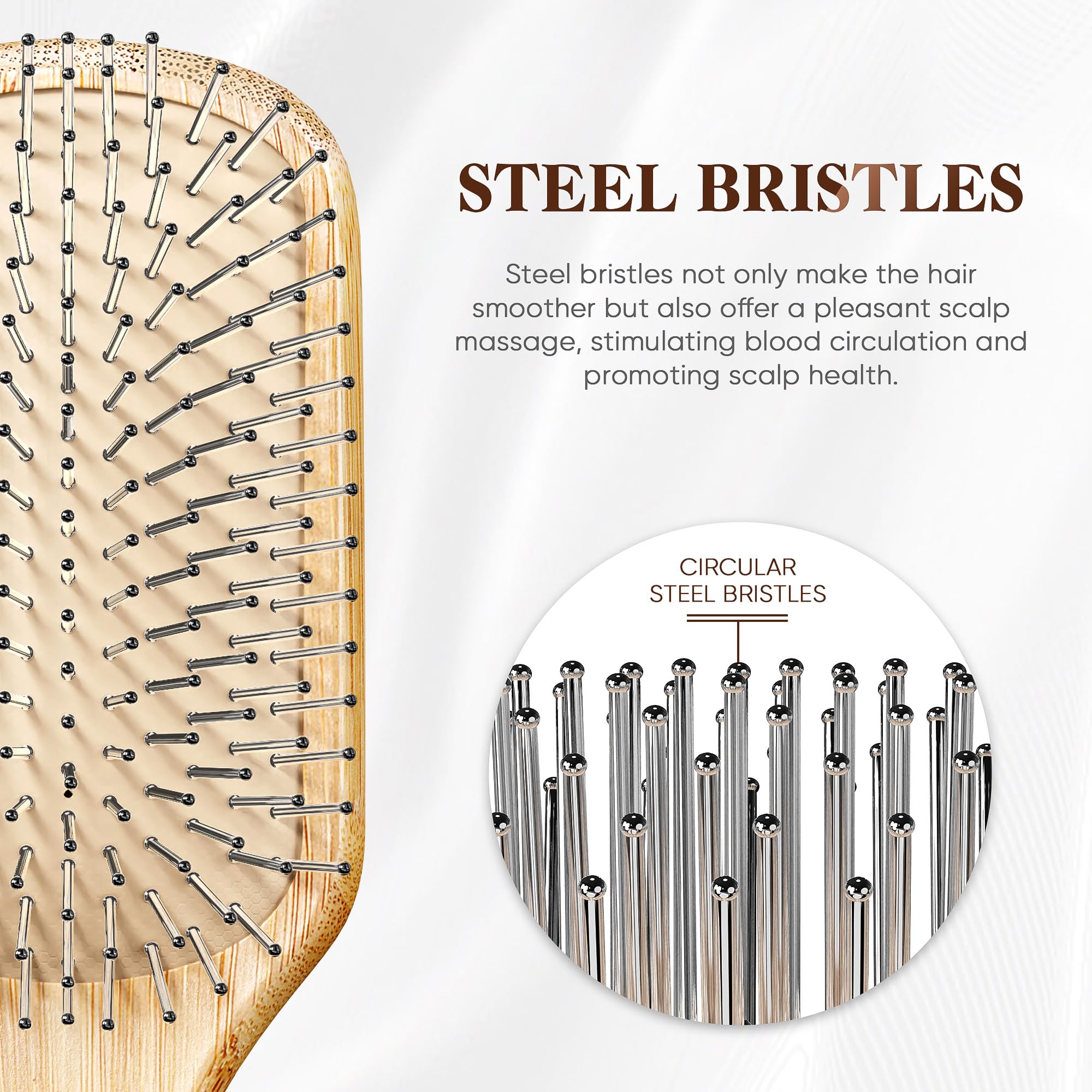 Bfwood Bamboo Hair Brush With Steel Bristles, Help Hair Growth And Massaging Scalp