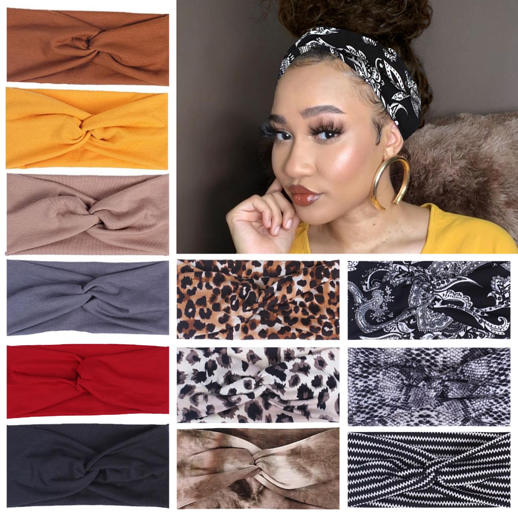 XTREND 12 Pcs Women's Headbands Twisted Cross Elastic Headbands Yoga Workout Headbands Non-Slip Sweat Soft Headbands Solid Color