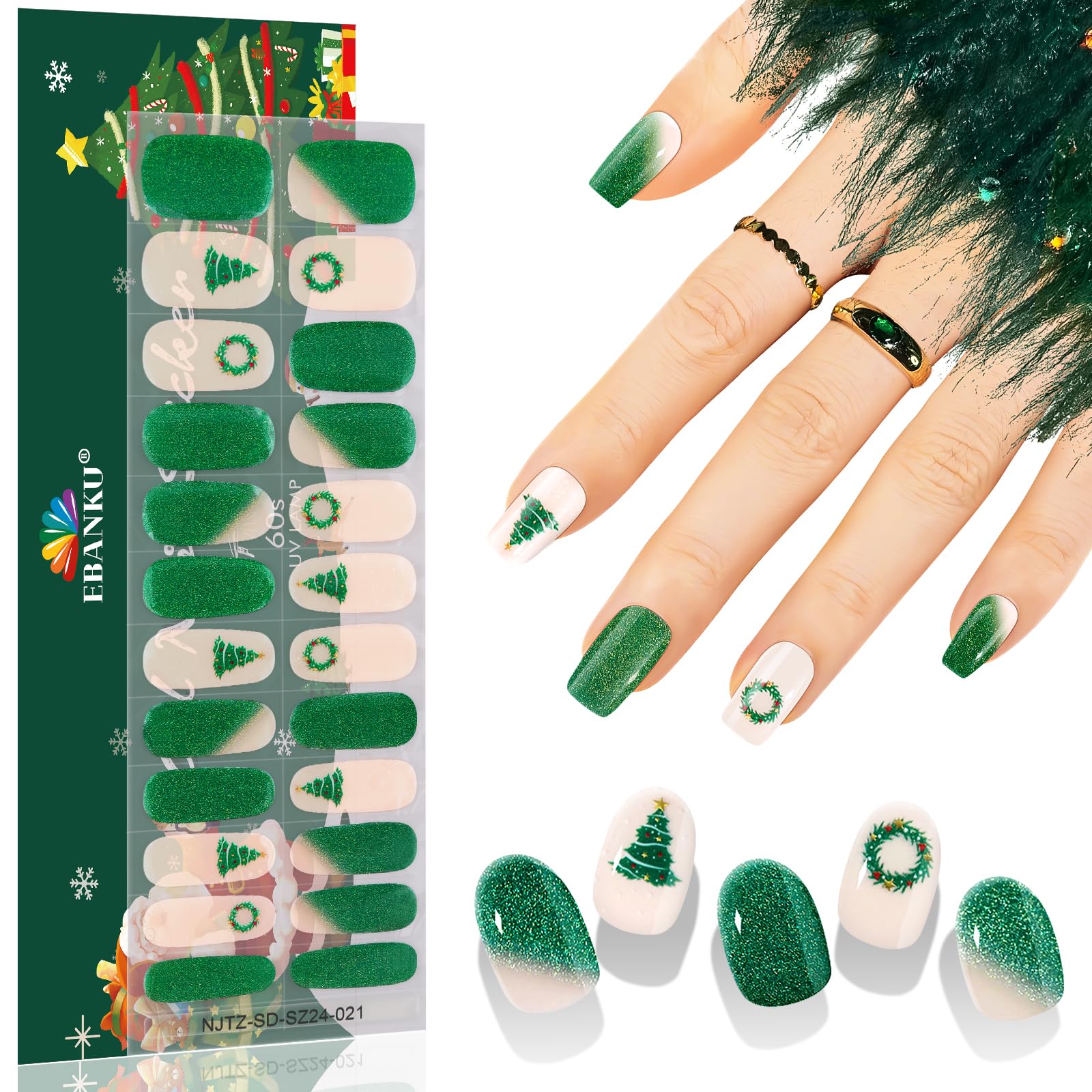 Ebanku 24Pcs Christmas Semi-Cured Gel Nail Strips, Christmas Tree Christmas Wreath Adhesive Gel Nail Art Sticker, Waterproof Gel